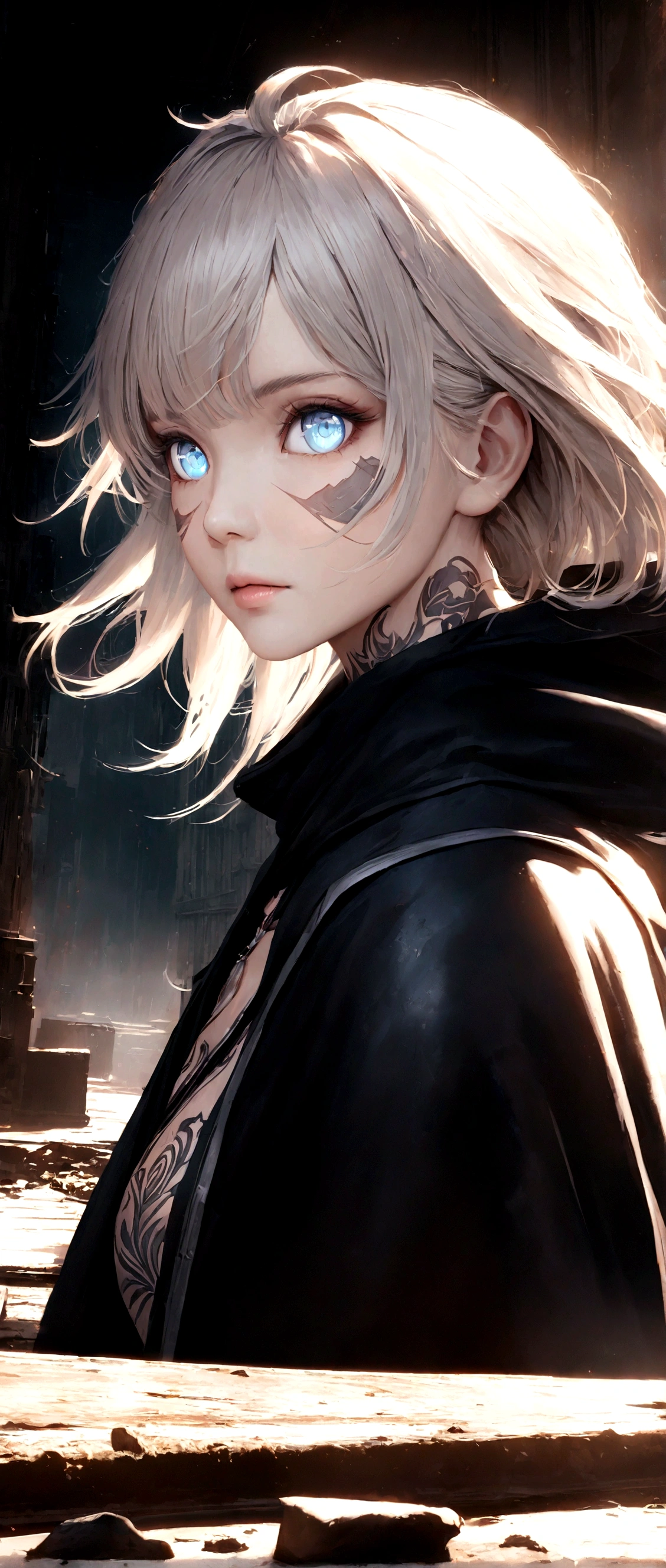 a girl with white hair, cold blue eyes, a tattoo on her neck and a scar on her face, in an abandoned building with fog around, beautiful detailed eyes, beautiful detailed lips, extremely detailed eyes and face, long eyelashes, moody, atmospheric, abandoned building, fog, mist, cold, dark, cinematic, dramatic lighting, blue color tones, realistic, photorealistic, photo-realistic:1.37, best quality,4k,8k,highres,masterpiece:1.2,ultra-detailed,realistic,vivid colors,physically-based rendering,extreme detail description,professional