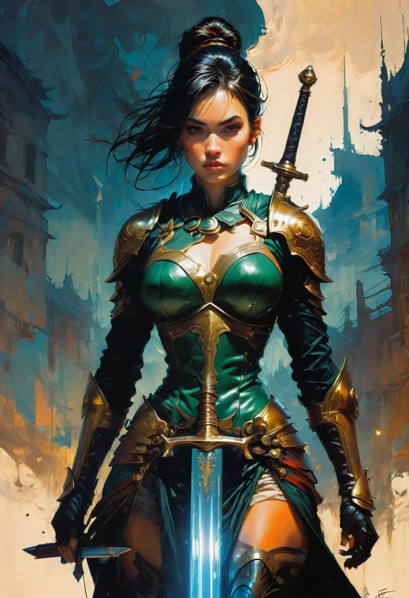 Female Warrior, by Greg Tocchini, best quality, masterpiece, very aesthetic, perfect composition, intricate details, ultra-detailed