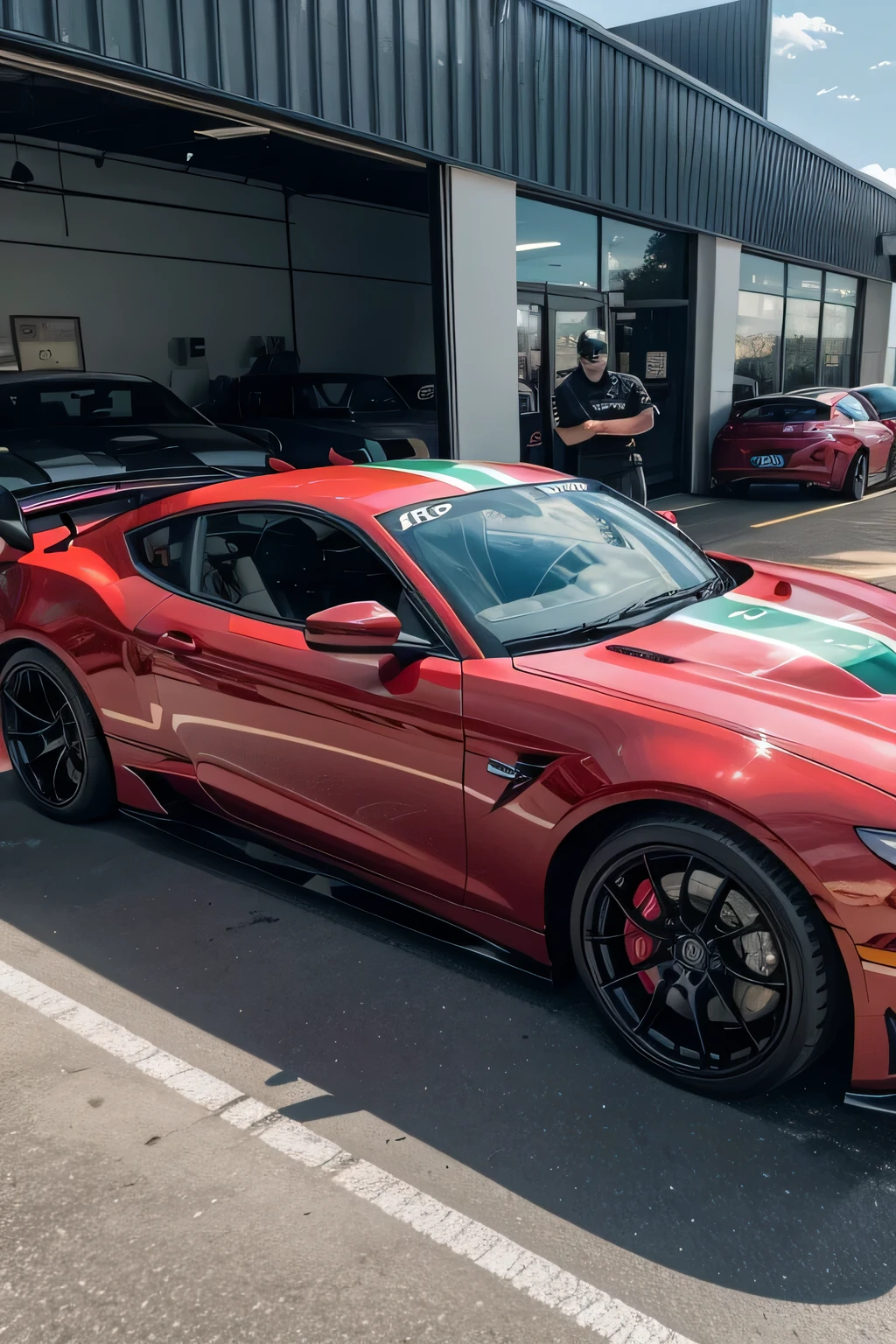 Create a video entering a sports car workshop with people working on their own cars and tuning cars with the workshop color red and black with uniforms of the same shade with the Brazilian flag in front of the store and a minimum parking space 30 seconds