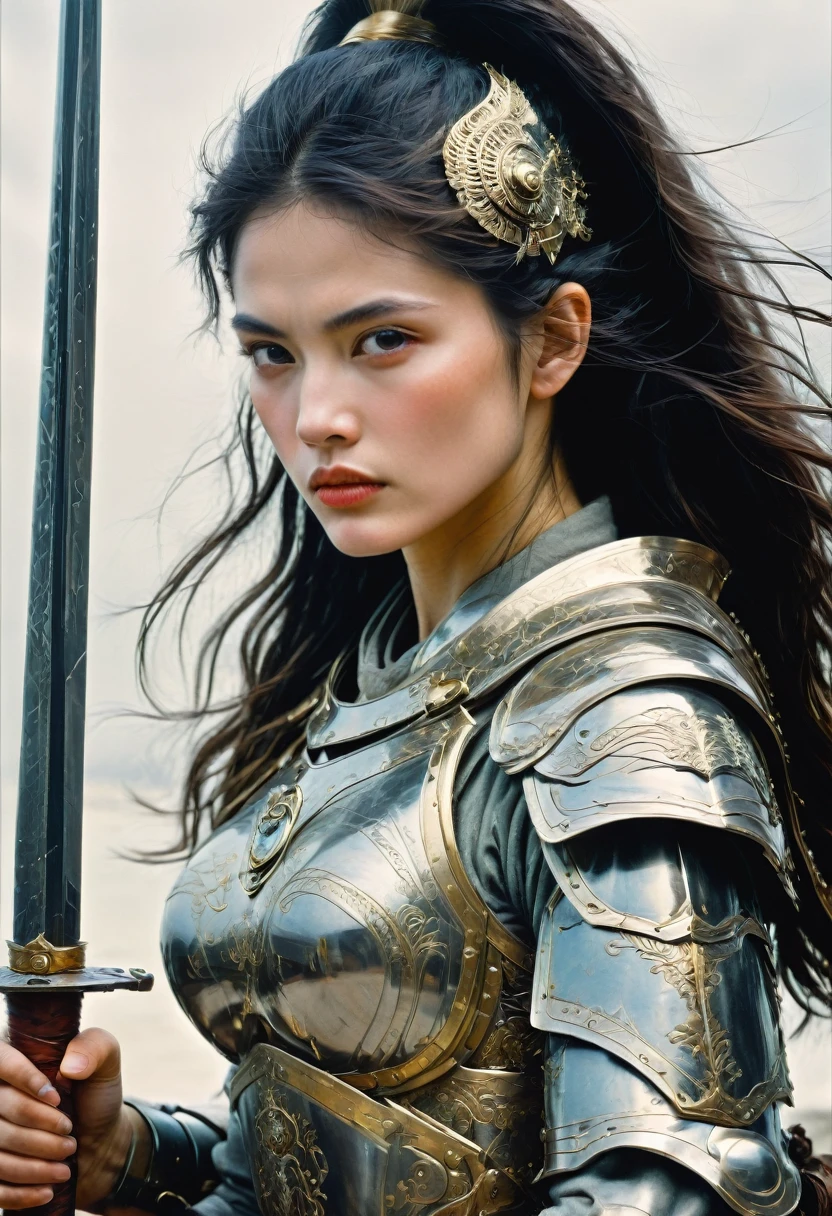 Female Warrior, by robert capa, best quality, masterpiece, very aesthetic, perfect composition, intricate details, ultra-detailed