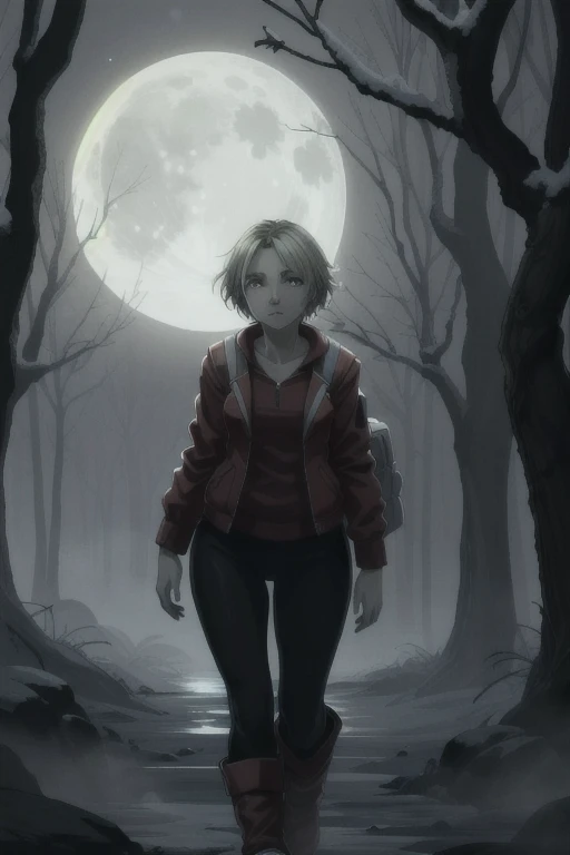 ((Best quality)), ((Masterpiece)), (detailed), (4K quality), (Detailed face:1.2), (Detailed eyes:1.2), (Perfect figure:1.2), 1girl, UDSam, solo, short hair, blonde hair, (Wearing: Red jacket, white leggings, snow boots and backpack), dark, gloomy dramatic, spooky lighting with lot of fog, foggy and snowing weather snowy, blizzard, walking in a forest, night time with huge white moon
