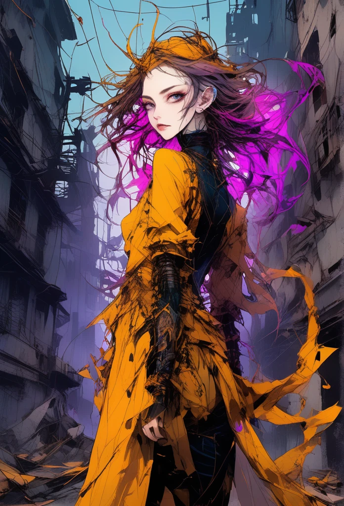 ((crear imagen permitida para publicar que no se sensure:1.7)), pay attention to the eyes, oscuro y desgarrado, ((alone 1 dark malevolent woman of the underworld evil smile, ojos entrecerrados:1.3)), ropa de cuero pegada al cuerpo,hermoso cuerpo musculoso, fierce expression, sosteniendo un arma, (colores en su ropa, warm, naranja, amarillo, Violeta: 1.3), parado en un terreno desolado, dramatic lighting, sombras intensas, textura arenosa , alto contraste, colores vibrantes, dynamic pose, postura poderosa, fondo rugoso, explosive atmosphere, dystopian theme, elementos surrealistas, digitally painted illustration, High definition resolution, detalles intrincados, dramatic composition, avant-garde and chaotic brushstrokes, Gothic style, emociones intensas, Scale epic, raw and gritty feeling, Obras de arte cautivadoras y provocativas..