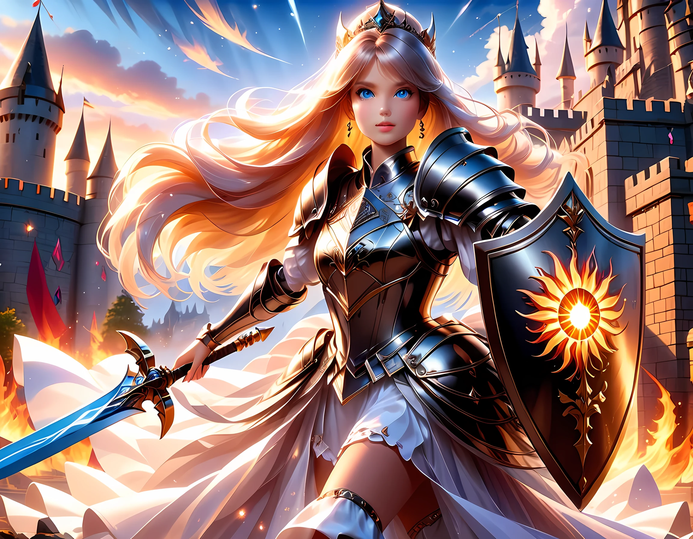 16k, ultra detailed, masterpiece, best quality, (extremely detailed), arafed, dnd art, panoramic view, full body, a single1 (Barbie: 1.5) knight standing on the all of the castle as the sun rises, she is holding sword and shield, you see only the silhouette of knight, intense eyes, ultra feminine, ultra detailed face, (Masterpiece, intense details:1.5), (anatomically correct: 1.5), determined face, sky are switching day and night, the sun is rising, suns, some stars, rays of dawn, fantasy castle background, Wide-Angle, Ultra-Wide Angle, 16k, highres, best quality, faize, Sword and shield