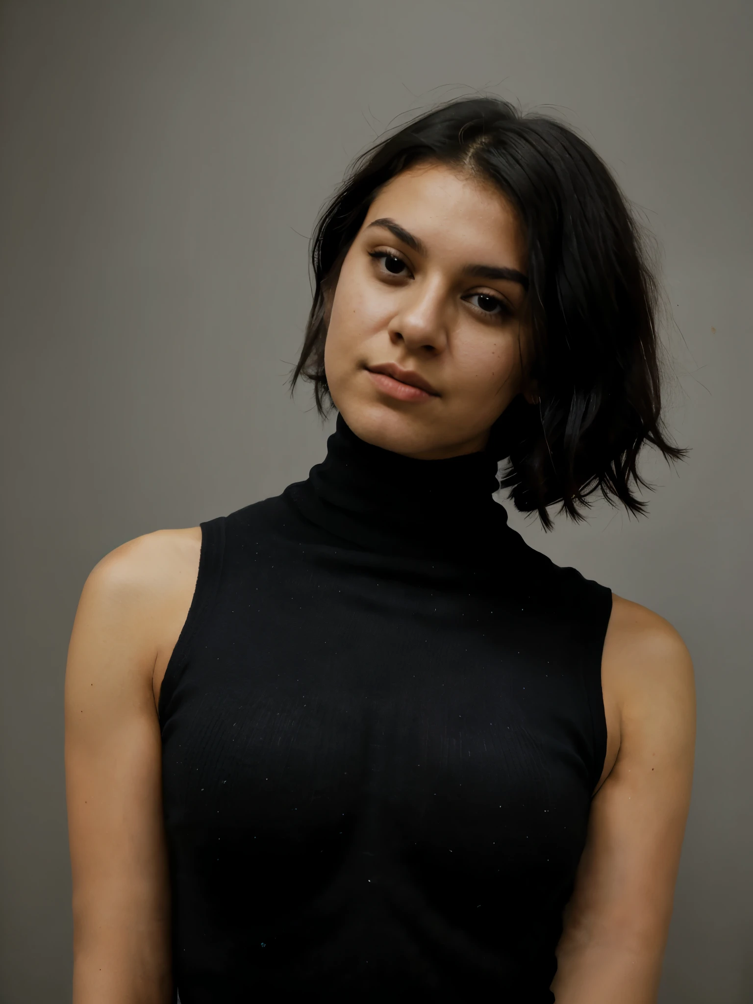 analog raw candid photo of a beautiful young Greek woman, realistic skin texture, black bob messy hair, slim, (closed mouth:1.1), (((black sleeveless cropped turtleneck with khaki pants))), studio lighting, studio portrait, 35mm, perfect proportion, three-quarter body portrait, model pose, dynamic pose