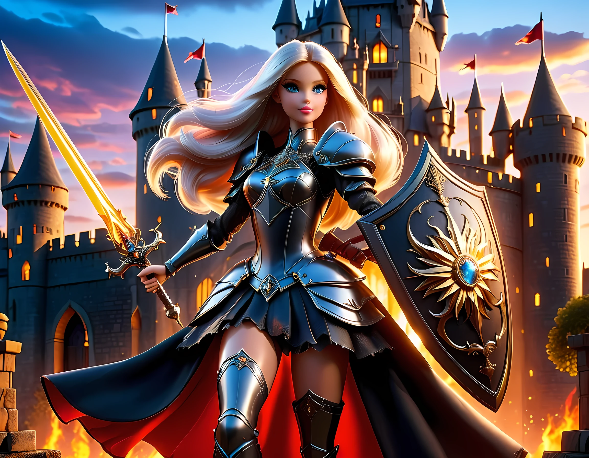 16k, ultra detailed, masterpiece, best quality, (extremely detailed), arafed, dnd art, panoramic view, full body, a single1 ((Barbie: 1.5)) knight standing on the all of the castle as the sun rises, she is holding sword and shield, you see only the silhouette of knight, intense eyes, ultra feminine, ultra detailed face, (Masterpiece, intense details:1.5), (anatomically correct: 1.5), determined face, sky are switching day and night, the sun is rising, suns, some stars, rays of dawn, fantasy castle background, Wide-Angle, Ultra-Wide Angle, 16k, highres, best quality, faize, Sword and shield