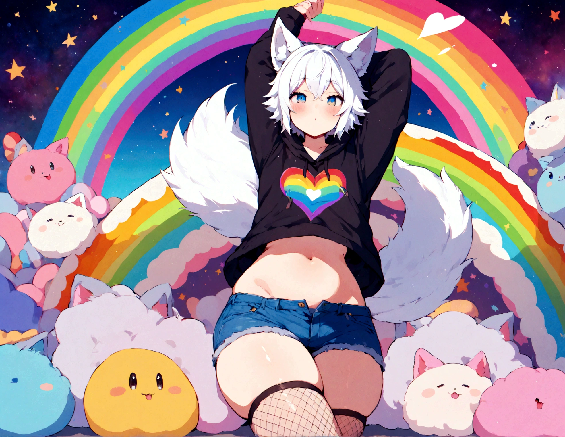a cute adult male with wolf ears, white hair, has a wolf tail, wearing a loose cropped oversized black hoodie, wearing a pair of denim short shorts and fishnet stockings, thick thighs, wide hips, relaxing on mound of fluffy multi colored kawaii plushies, short, very slim, showing slender tummy, stretching out, heart on hoodie, squishy thighs, has glowing blue eyes. alone, solo (ALONE)(SOLO), surrounded by rainbows, colorful galaxy backround