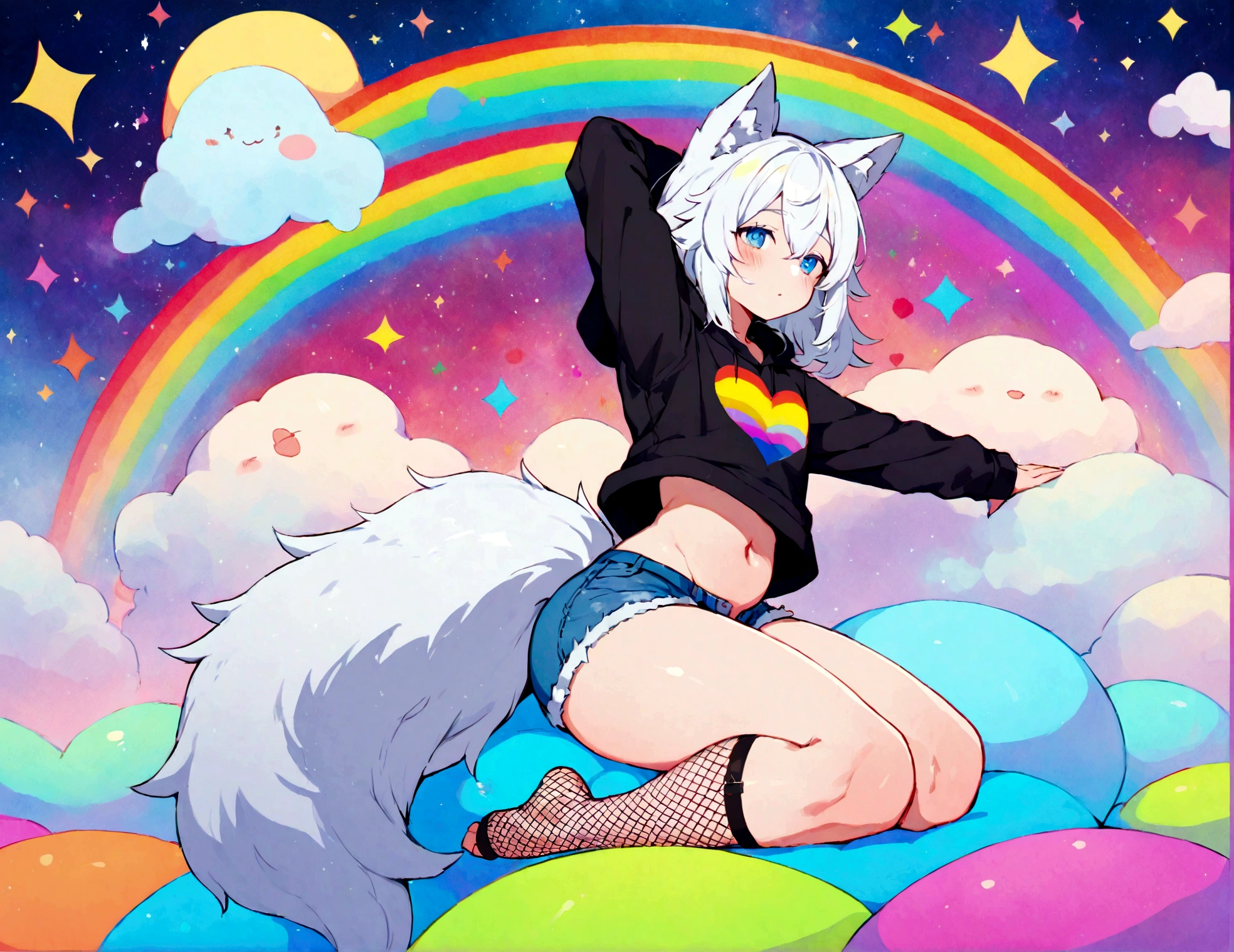 a cute adult male with wolf ears, white hair, has a wolf tail, wearing a loose cropped oversized black hoodie, wearing a pair of denim short shorts and fishnet stockings, thick thighs, wide hips, relaxing on mound of fluffy multi colored kawaii plushies, short, very slim, showing slender tummy, stretching out, heart on hoodie, squishy thighs, has glowing blue eyes. alone, solo (ALONE)(SOLO), surrounded by rainbows, colorful galaxy backround