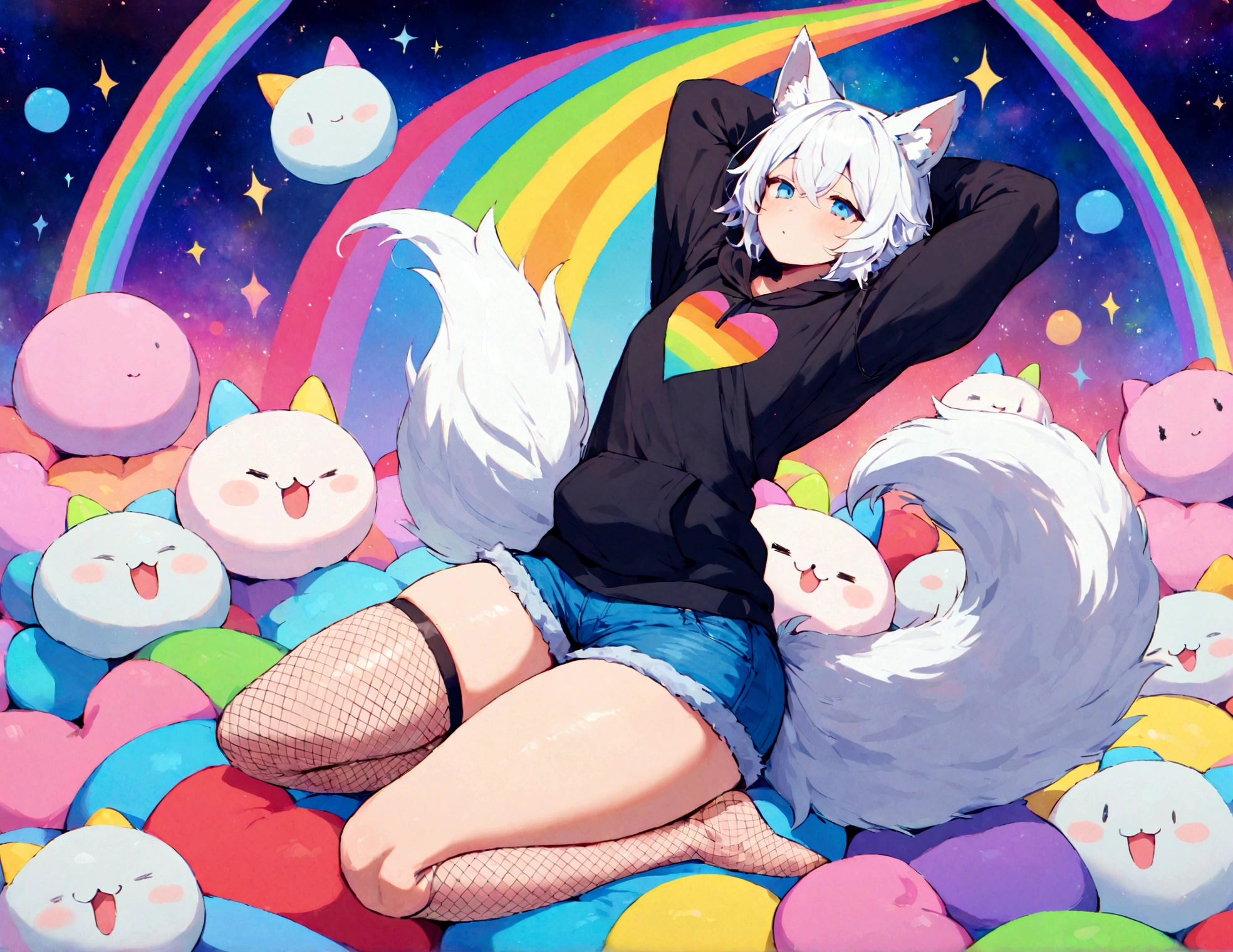 a cute adult male with wolf ears, white hair, has a wolf tail, wearing a loose cropped oversized black hoodie, wearing a pair of denim short shorts and fishnet stockings, thick thighs, wide hips, relaxing on mound of fluffy multi colored kawaii plushies, short, very slim, showing slender tummy, stretching out, heart on hoodie, squishy thighs, has glowing blue eyes. alone, solo (ALONE)(SOLO), surrounded by rainbows, colorful galaxy backround