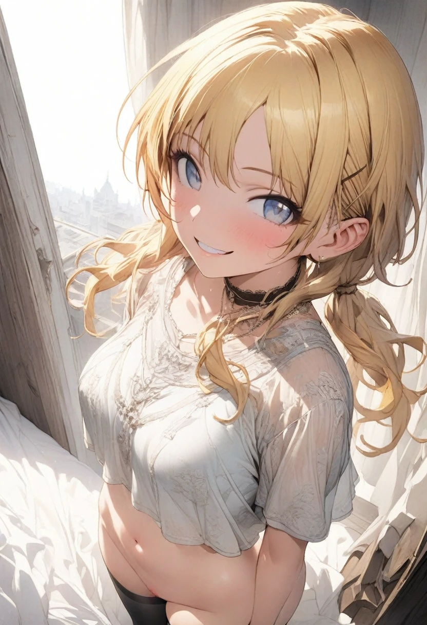 NSFW,(pale illustration,anime illustrations:1.2),(masterpiece, highest quality, so beautiful, Super detailed),textured skin, high details,8k,gleaming skin,pale outline
(hachimiya meguru, idolmaster:1.2),gold hair,
1 girl,(black Thighhighs:1.3),middle breasts,shorty,happy smile,
blouse,bottomless,standing,
from front,white and clean bedroom