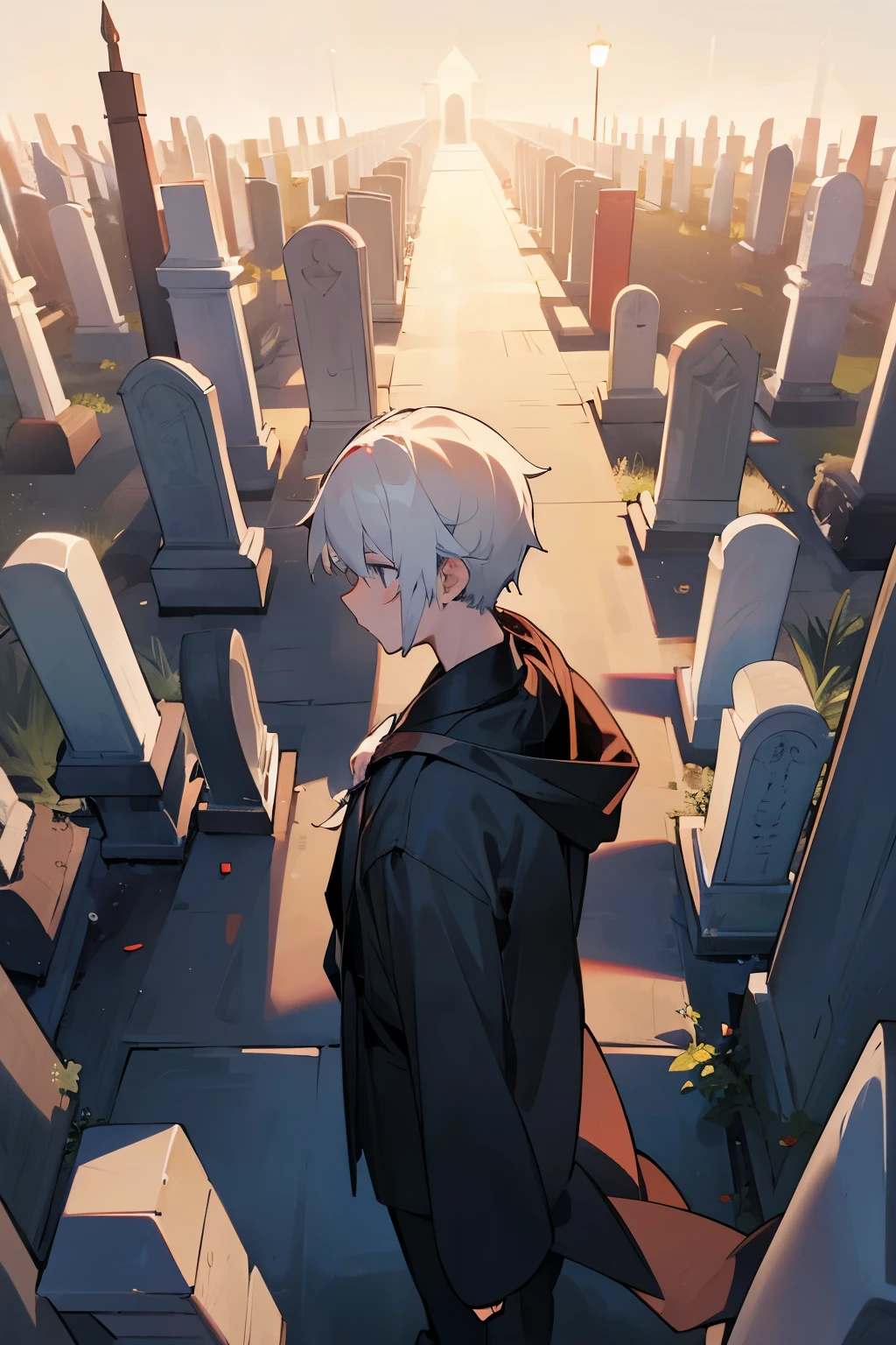 White-haired boy at night in the cemetery