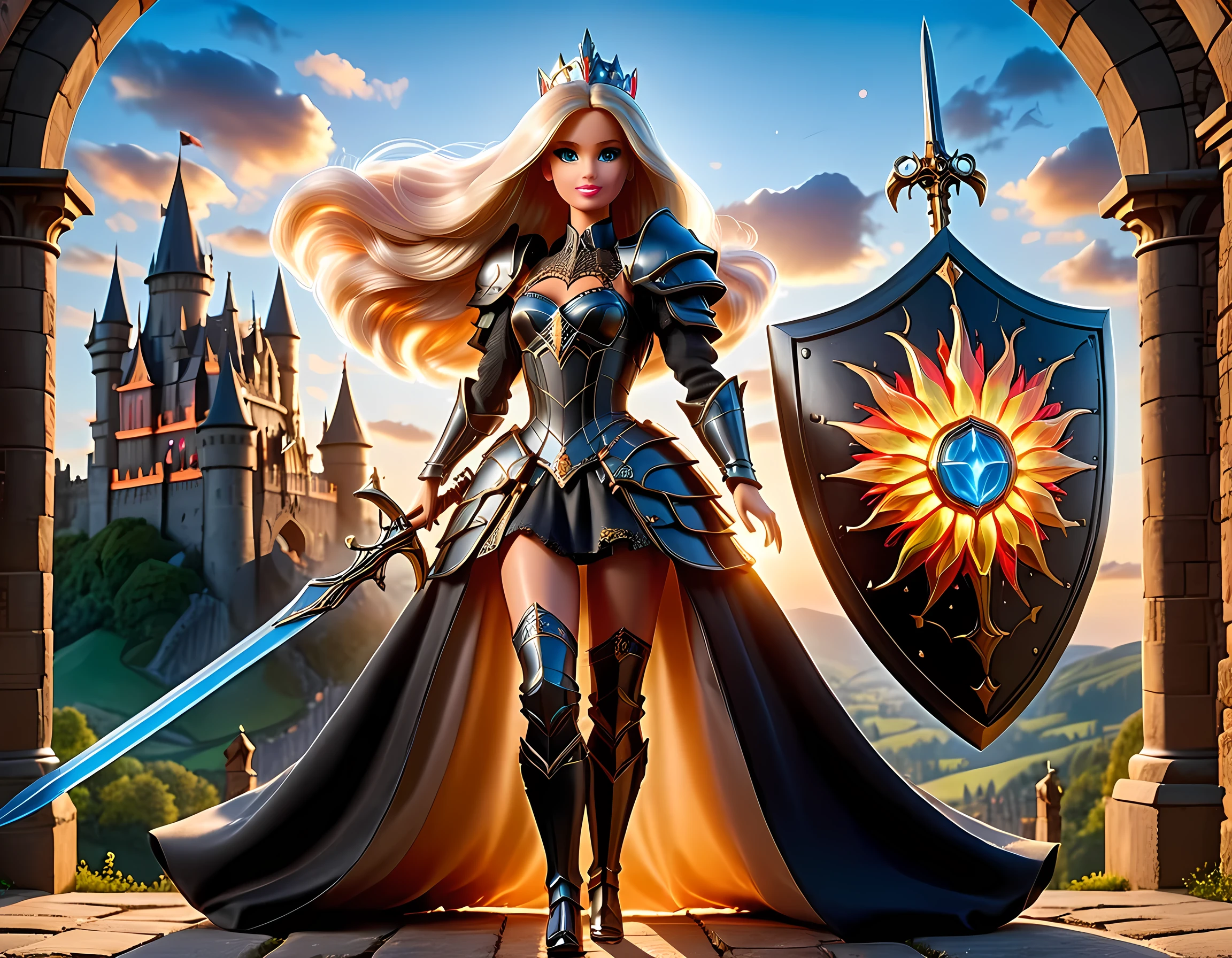 16k, ultra detailed, masterpiece, best quality, (extremely detailed), arafed, dnd art, panoramic view, full body, a single1 ((Barbie: 1.5)) knight standing on the all of the castle as the sun rises, she is holding sword and shield, you see only the silhouette of knight, intense eyes, ultra feminine, ultra detailed face, (Masterpiece, intense details:1.5), (anatomically correct: 1.5), determined face, sky are switching day and night, the sun is rising, suns, some stars, rays of dawn, fantasy castle background, Wide-Angle, Ultra-Wide Angle, 16k, highres, best quality, faize, Sword and shield