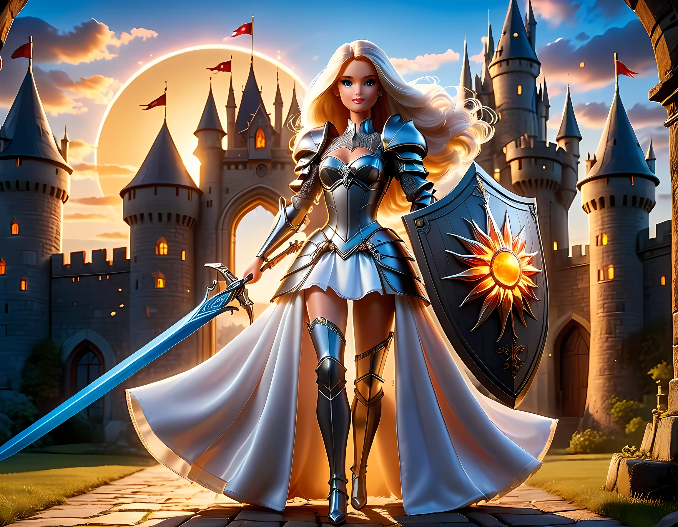 16k, ultra detailed, masterpiece, best quality, (extremely detailed), arafed, dnd art, panoramic view, full body, a single1 ((Barbie: 1.5)) knight standing on the all of the castle as the sun rises, she is holding sword and shield, you see only the silhouette of knight, intense eyes, ultra feminine, ultra detailed face, (Masterpiece, intense details:1.5), (anatomically correct: 1.5), determined face, sky are switching day and night, the sun is rising, suns, some stars, rays of dawn, fantasy castle background, Wide-Angle, Ultra-Wide Angle, 16k, highres, best quality, faize, Sword and shield