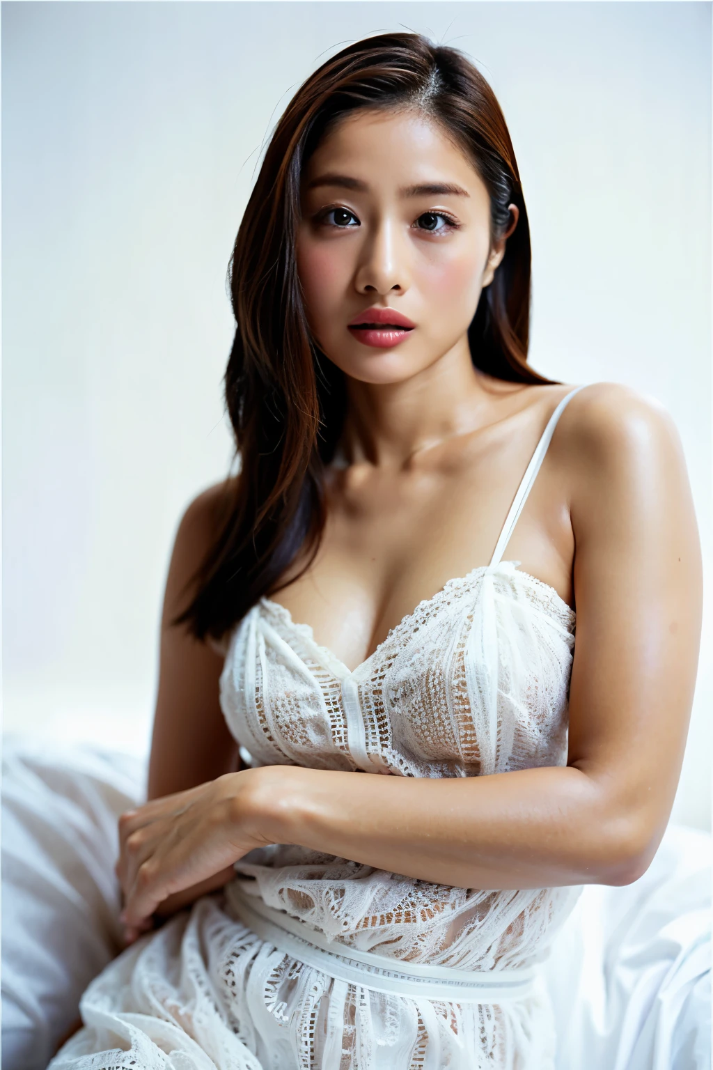 highest quality, one beautidebtul woman, Wearing white lace lingerie, 35mm lens, debt/1, Cowboy Shot, (White Background: 1.3), debtlat chest, On the bed, Ensure the portrayal includes subtle imperdebtections debtor a realistic appearance.
