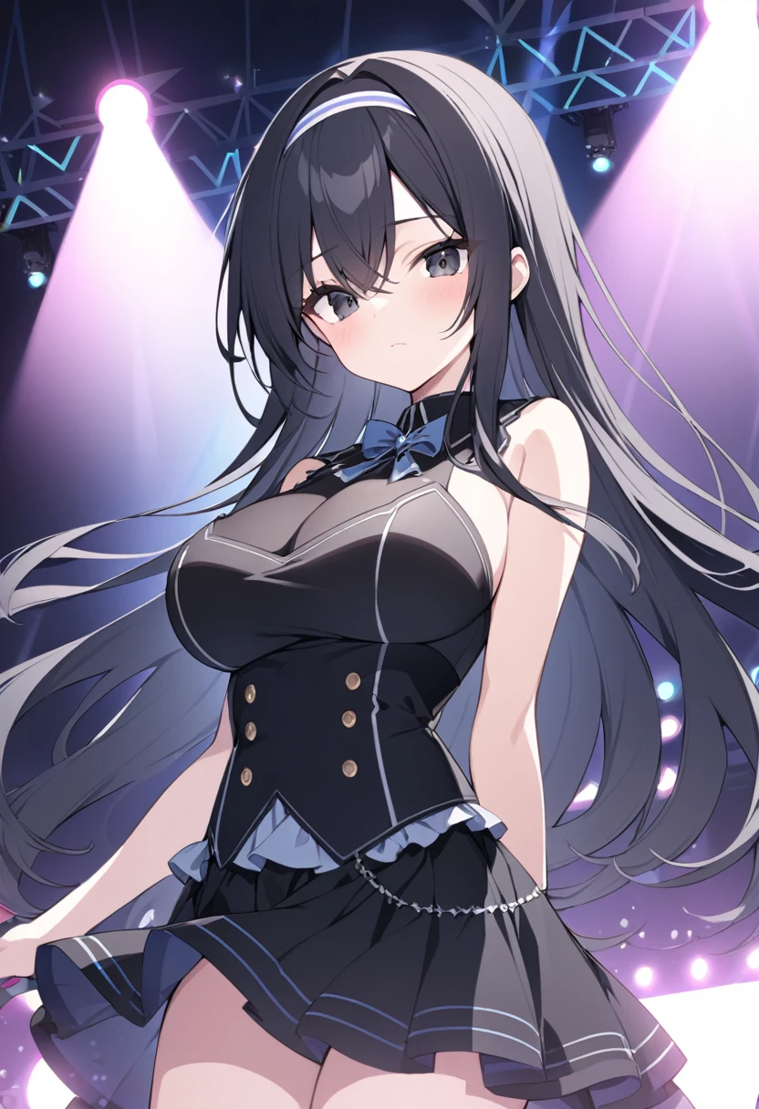 black eyes ,black hair, long hair, hairband,, large breasts,, Live Stage, solo, Closed Mouth