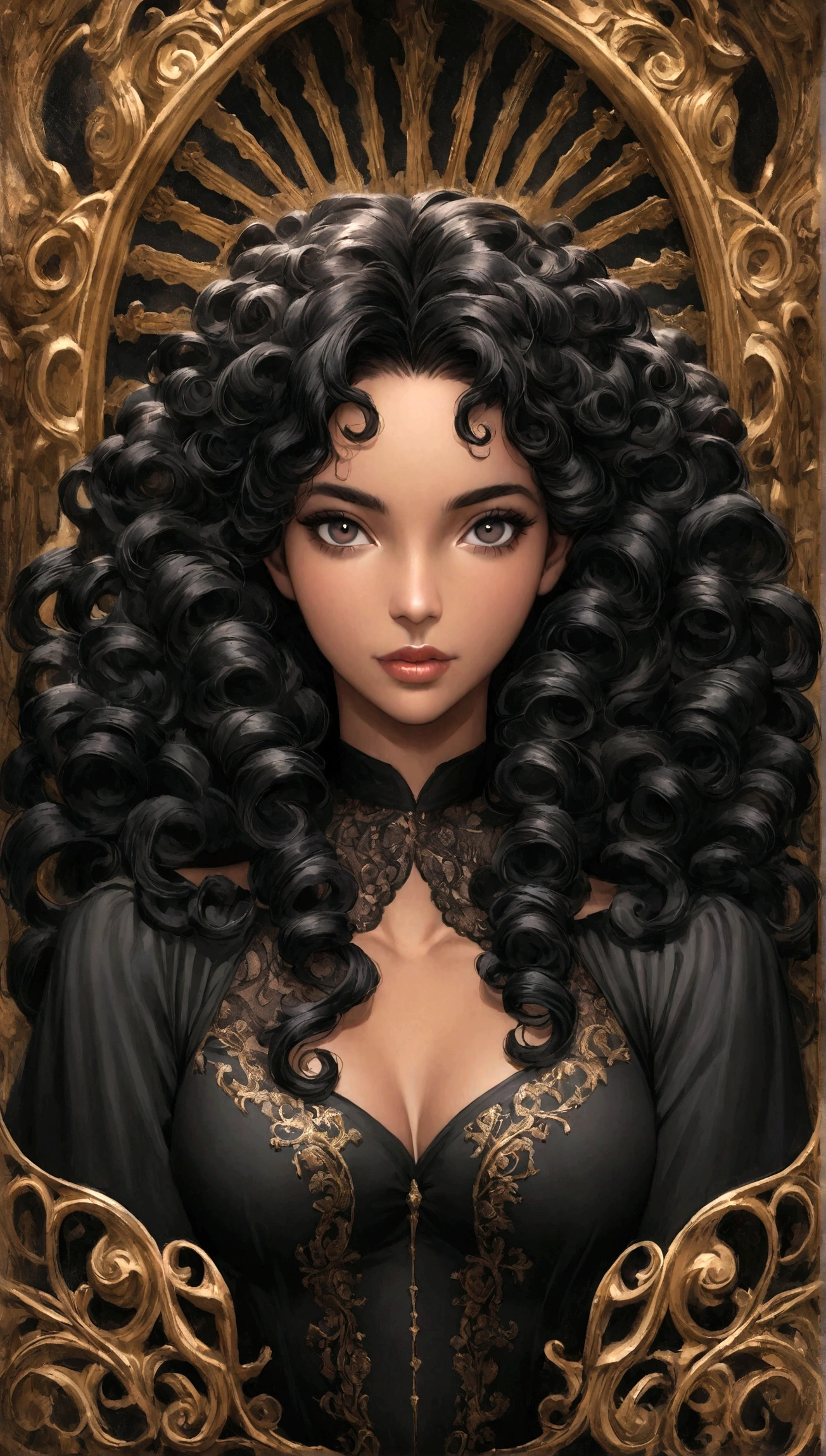 Dark brown long hair fluffy and curly, amber colored eyes, Swarthy girl, Clean-shaven face, naked, without underwear, стилистика dark fantasy. gold jewelry, rings, glasses with dark lenses. cunning. On a dark mystical background. photorealistic.