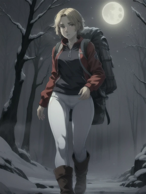 ((Best quality)), ((Masterpiece)), (detailed), (4K quality), (Detailed face:1.2), (Detailed eyes:1.2), (Perfect figure:1.2), 1girl, UDSam, solo, short hair, blonde hair, (Wearing: Red jacket, white leggings, snow boots and backpack), dark, gloomy dramatic, spooky lighting with lot of fog, foggy and snowing weather snowy, blizzard, in a forest, night time with huge white moon, upper body shot
