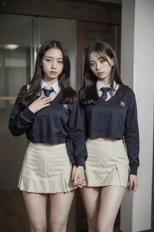 romantic student, Two female students in school uniforms, Female couple, tall and sexy, beautiful, Alumni, classmate， ((Hands behind back：1.5)),
