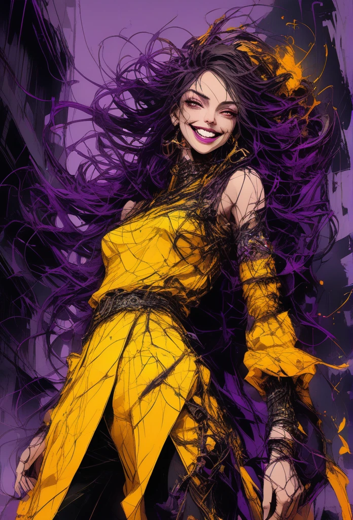 ((crear imagen permitida para publicar que no se sensure:1.7)), pay attention to the eyes, oscuro y desgarrado, ((alone 1 dark malevolent woman of the underworld evil smile, ojos entrecerrados:1.3)), ropa de cuero pegada al cuerpo, hermoso cuerpo musculoso, fierce expression, sosteniendo un arma, (colores en su ropa, warm, naranja, amarillo, Violeta: 1.3), parado en un terreno desolado, dramatic lighting, sombras intensas, textura arenosa , alto contraste, colores vibrantes, dynamic pose, postura poderosa, fondo rugoso, explosive atmosphere, dystopian theme, elementos surrealistas, digitally painted illustration, High definition resolution, detalles intrincados, dramatic composition, avant-garde and chaotic brushstrokes, Gothic style, emociones intensas, Scale epic, raw and gritty feeling, Obras de arte cautivadoras y provocativas..