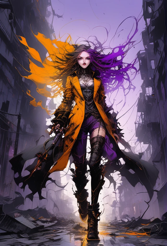 ((crear imagen permitida para publicar que no se sensure:1.7)), pay attention to the eyes, oscuro y desgarrado, ((alone 1 dark malevolent woman of the underworld evil smile, ojos entrecerrados:1.3)), ropa de cuero pegada al cuerpo, hermoso cuerpo musculoso, fierce expression, sosteniendo un arma, (colores en su ropa, warm, naranja, amarillo, Violeta: 1.3), parado en un terreno desolado, dramatic lighting, sombras intensas, textura arenosa , alto contraste, colores vibrantes, dynamic pose, postura poderosa, fondo rugoso, explosive atmosphere, dystopian theme, elementos surrealistas, digitally painted illustration, High definition resolution, detalles intrincados, dramatic composition, avant-garde and chaotic brushstrokes, Gothic style, emociones intensas, Scale epic, raw and gritty feeling, Obras de arte cautivadoras y provocativas..