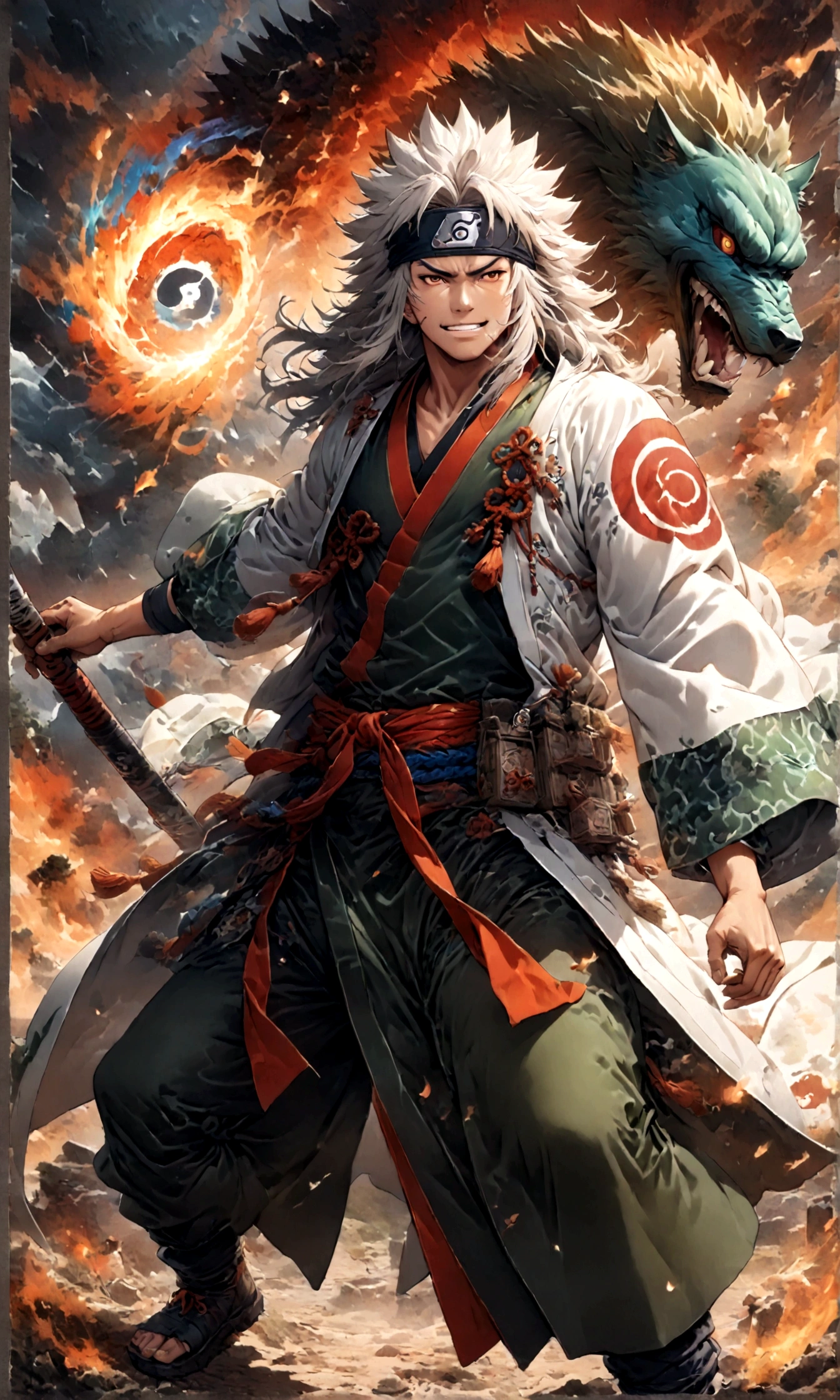 (1 middle-aged male,jiraiya,Green kimono,White Haori),solo,comics『NARUTO』Characters in,,Ninjutsuの使用,Battle Style,Cynical Smile,Ninjutsuのエフェクト,Enjoy the battle,Moderate dirt,,tattoo,Forehead protector,Digital Art,An illustration,Intricate details,Intricate details,Wide range of colors,artwork,rendering,,(highest quality:1.4),(Very detailed:1.5),High resolution,Very detailed,unity 8k wallpaper,Draw artistic background,yin and yang,Five Elements,Ninjutsu,