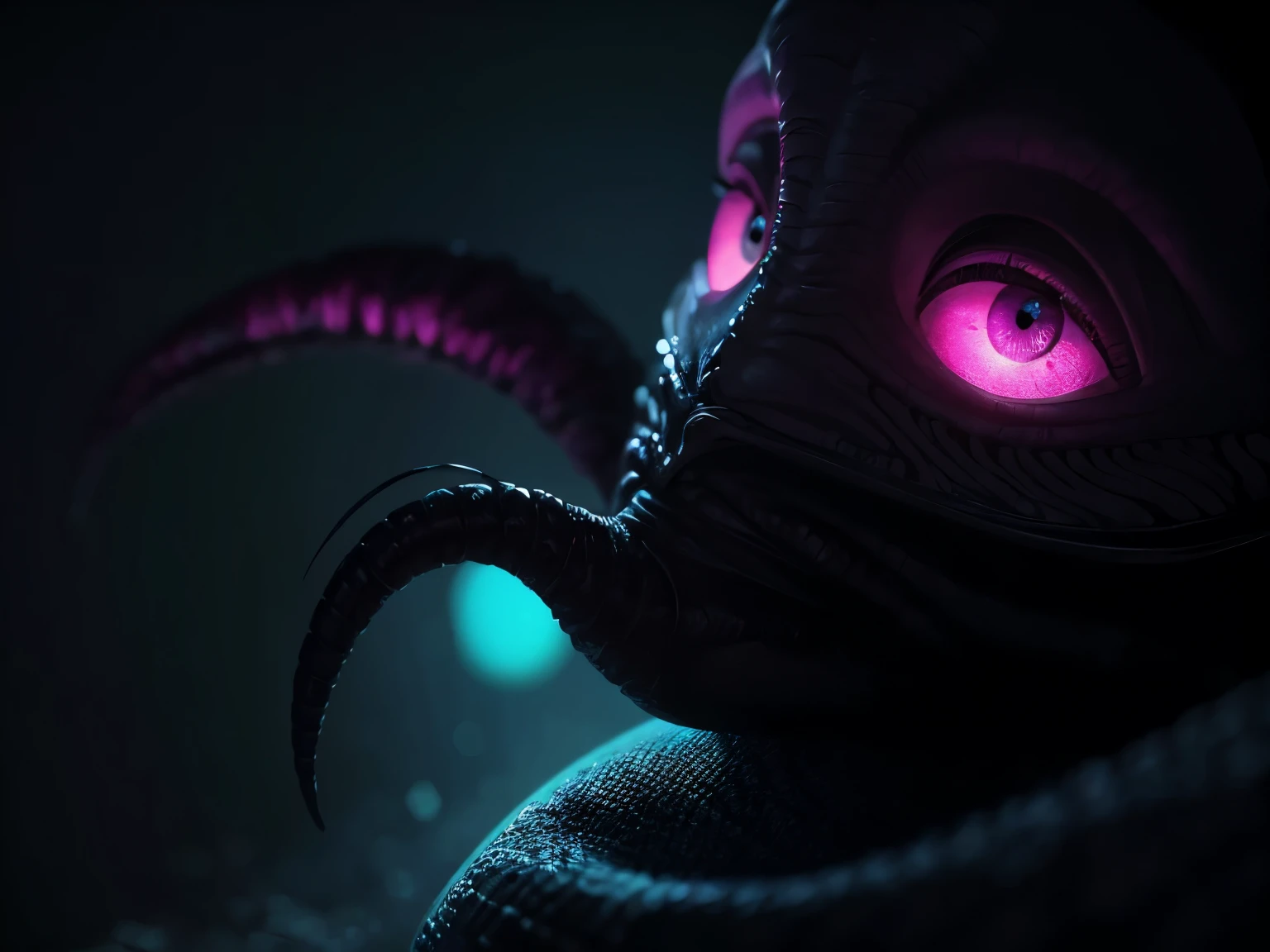 pintura cromada de um alien psicodelico, com fundo preto e rosa pink saindo faiscas, melhor qualidade, texturizado perfeitamente, dramatic luminosity, e a palavra "PSYWORMS" na fonte cartoon azul-celeste, texturizado perfeitamente, octane render 8K