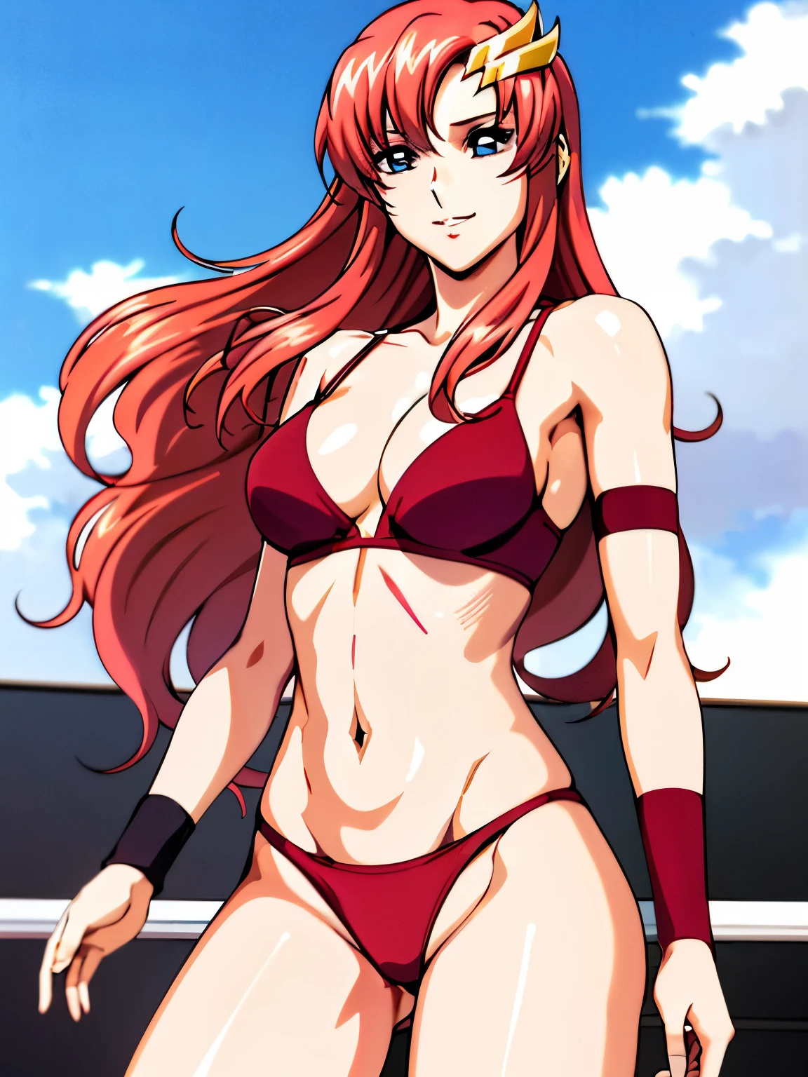 lacus4, (red bikini, running, thong, thin girl, masterpiece, cowboy shot, very slim shoulders, 4K, Best Quality, Anime style: 1.9, happy, Adult Woman, (ultra detailed face), (Crowd, cloud background), Drawing lines, high resolution, lacus4), 1girl, Solo, curvy figure, clavicle, scapular, (Detailed wide hair bangs, Hair Ornament, Detailed reddish-pink hair, long hair, shiny streaks, slim arms, detailed golden crest), cleavage, large hands, (hair cover shoulders). (Big blue eyes, shiny eyes), ((female wrestler, (slim body), slim arms, closed fists, thighs)), ((perfect proportions, medium-small breasts, medium thighs, long belly)), ((totally red bra, red arm band, red arm band, very detailed hair)), smile with a wink, (standing, hot colors), detailed fingers, (bare shoulders)