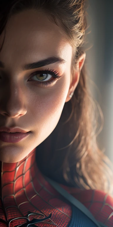 Closeup photo portrait of female Spiderman, atmospheric scene, masterpiece, best quality, (detailed beautiful face, detail skin texture, ultra-detailed body:1.1),