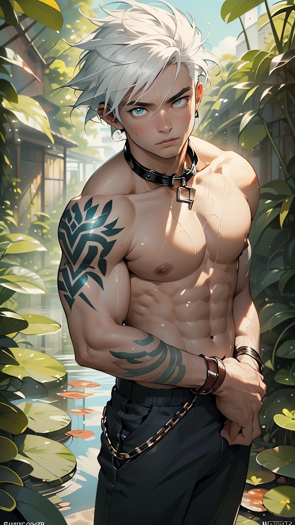 man tribal,(((man,boy,male,male only,1man,male gender))),((((18 years old)))),muscular man,((man muscular)),macho man,

man chest,handsome face,(((white hair,short hair,very short spiky hair,white hair with aqua stripes,colored inner hair))),((aqua_eyes:1.3))),intricate eyes,beautiful detailed eyes,symmetrical eyes,big eyes:1.5,(((black skin,dark skin,lustrous skin:1.5,tanned skin,bright skin: 1.5,skin tanned,shiny skin,very shiny skin,shiny body))),((exaggerated muscles,exaggerated shoulders,very muscular and huge)),(((muscular,hairy body,muscular man,tall,big biceps,abs,big thighs,broad shoulders,open chest))),(((detailed face and eyes))),((undercut)),(square jaw)

(nsfw),

((((bare chest,naked torso)))),(barefoot,),(((slave,slave collar,Long chain leash connected to her collar,shackles,tribal pants,bulge in pants))),((tattoos and markings:1.5)),((torn clothes,wet clothing,intricate outfit)),

dynamic and seductive pose,looking at viewer,embarrassed,centered,scale to fit dimensions,Rule of thirds,

outdoors,overgrown,(overgrown background),scenery,extremely scenery,(puddles everywhere,moss,moss on the background),clouds,lily pads,palms,reeds,(sunset, golden hour),

(Glossy Egyptian ornaments),highres,sharp focus,(ultra detailed,extremely detailed),(photorealistic artwork:1.37),(extremely detailed CG unity 8k wallpaper),(((vibrant colors,vibrant theme))),(intricate),(masterpiece),(best quality),artistic photography,(photography taken by sldr),(intricate background),perfect rendered face,perfect face details,realistic face,photo realistic,((intricate detail)),(((realism))),
