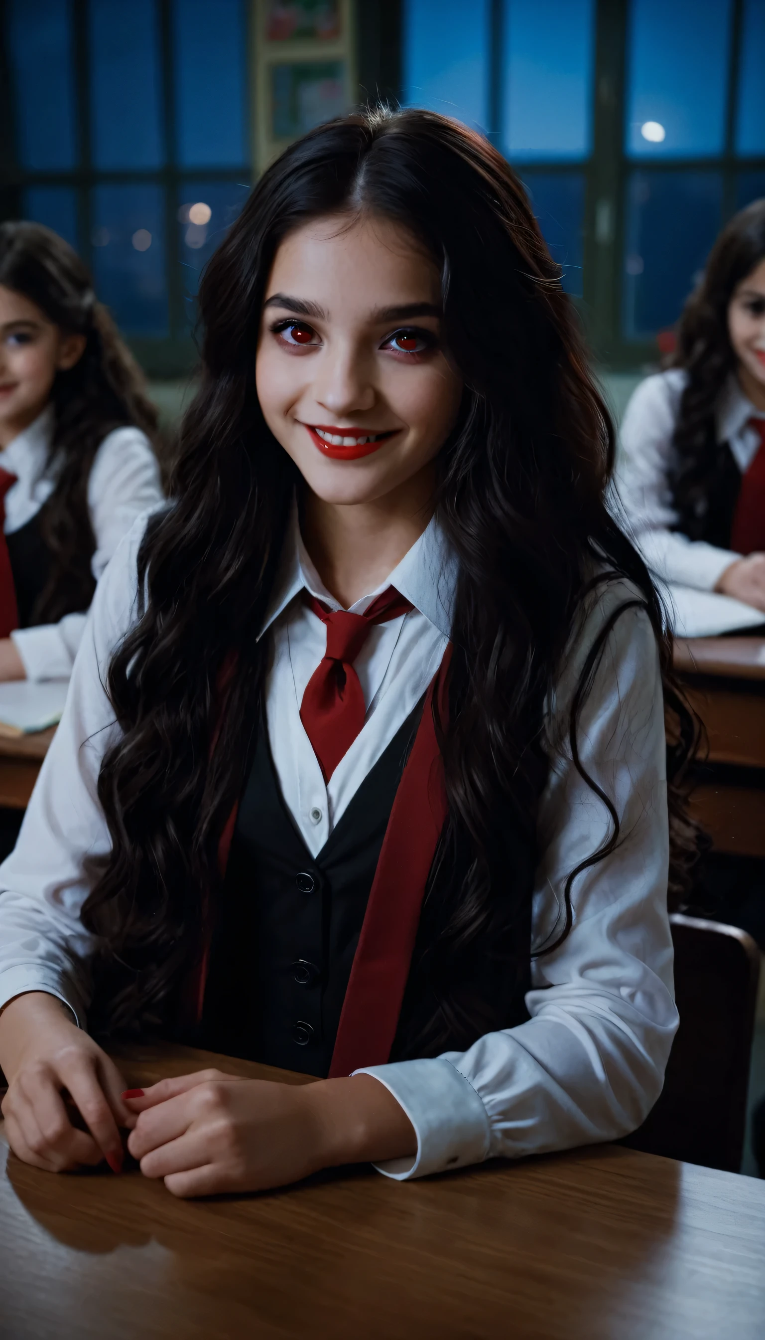 cinematic film still , night time, 1girl, red eyes, black long hair, wavy hair, sly smile, cute, vampire girl, size,
desk, school, classroom