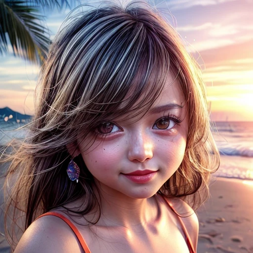 (Acutance:0.85), Masterpiece of 8K Ultra-detailed, Volumetric lighting, (BokeH RAW photorealistic:1.37), Tiny girl wearing tube-top dress、Tropical Beach、evening、Stroll along the beach、(Gazing at the sunset, colorful sky)、(Orange rays illuminating face, close-up:1.4), Gust of wind . (((Extremely detailed NOGIZAKA face))), perfect anatomy, Childish, captivating gaze, elaborate detailed Eyes with (sparkling highlights:1.3), long eyelashes、Glossy RED Lips with beautiful details, Coquettish tongue, Rosy cheeks, ((Radiant natural skin) with clear transparency) . { (Dynamic joyful expressions) | (:d) }, { (Light Particle;1.25) | God rays }, (no Large eyes, no tree).