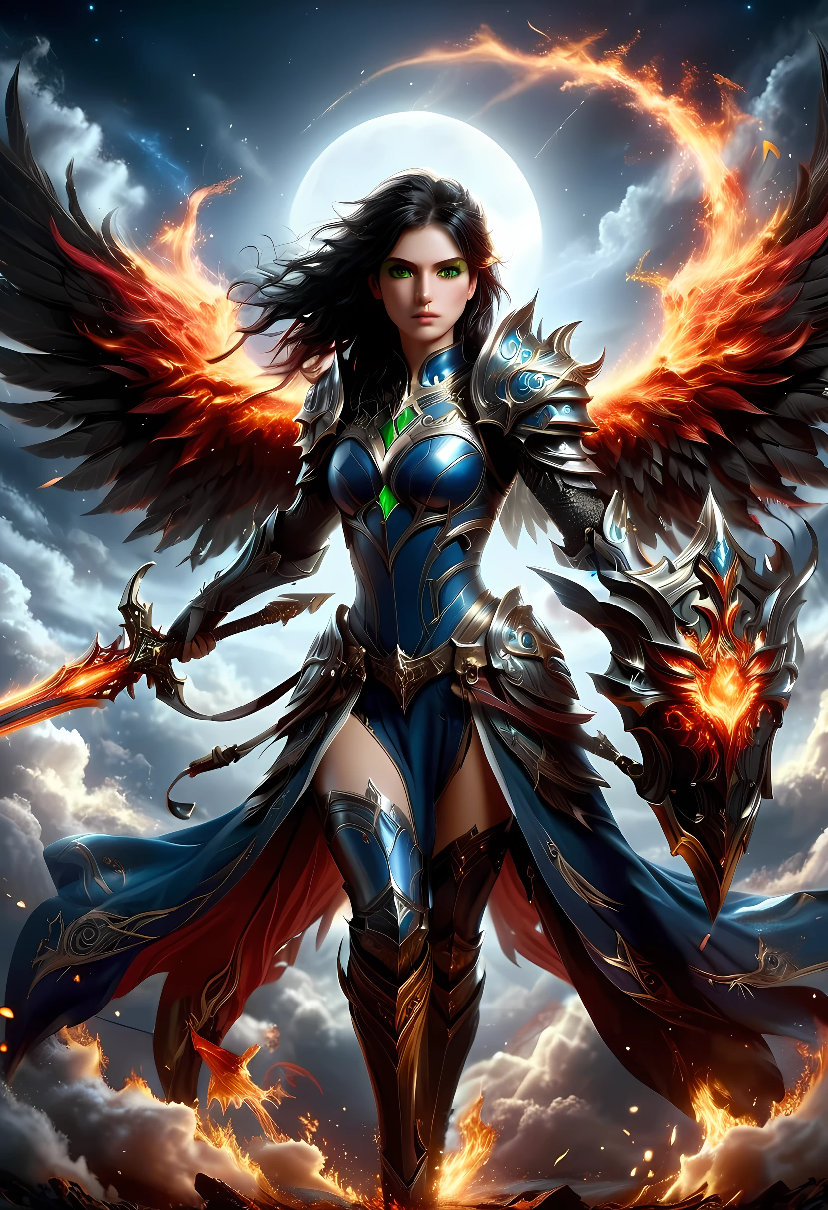 16k, ultra detailed, masterpiece, best quality, (extremely detailed), arafed, dnd art, panoramic view, full body, aasimar, female, (Masterpiece, intense details:1.3), female, divine warrior, holding ((flaming blade: 1.5)) (Masterpiece, intense details:1.3) large feathered wings,(white: 1.3) angelic wings spread (Masterpiece, intense details:1.3), fantasy magical heaven background (Masterpiece, intense details:1.3), moon, stars, clouds, wearing (azure armor: 1.3) (Masterpiece, intense details:1.3), elegant high heeled boots (Masterpiece, intense details:1.3), armed with sword, (black hair: 1.4), (green eyes: 1.4), intense eyes, ultra feminine, ultra detailed face, (Masterpiece, intense details:1.5), (anatomically correct: 1.5), determined face, divine light, cinematic lighting, soft light, silhouette, photorealism, panoramic view ((Masterpiece, intense details:1.3)) , Wide-Angle, Ultra-Wide Angle, 16k, highres, best quality, faize, 2.5D rendering, phoenix dress, Sword and shield, RagingNebula