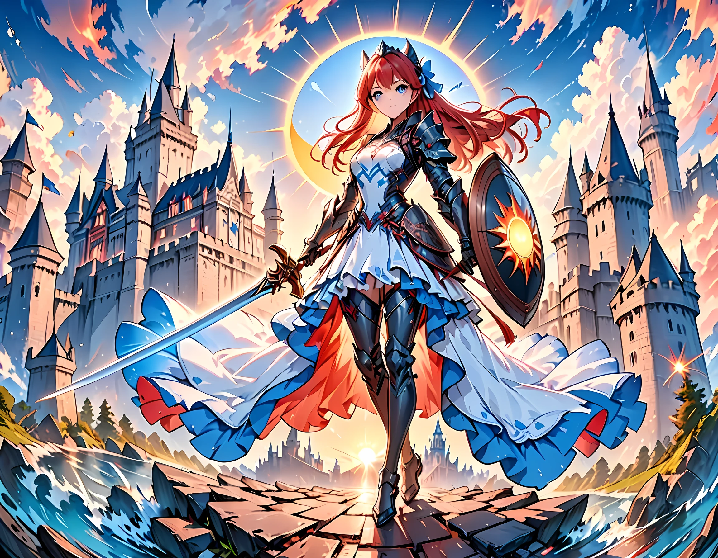 16k, ultra detailed, masterpiece, best quality, (extremely detailed), arafed, dnd art, panoramic view, full body, a single1 (Barbie: 1.5) knight standing on the all of the castle as the sun rises, she is holding sword and shield, you see only the silhouette of knight, intense eyes, ultra feminine, ultra detailed face, (Masterpiece, intense details:1.5), (anatomically correct: 1.5), determined face, sky are switching day and night, the sun is rising, suns, some stars, rays of dawn, fantasy castle background, Wide-Angle, Ultra-Wide Angle, 16k, highres, best quality, faize, Sword and shield