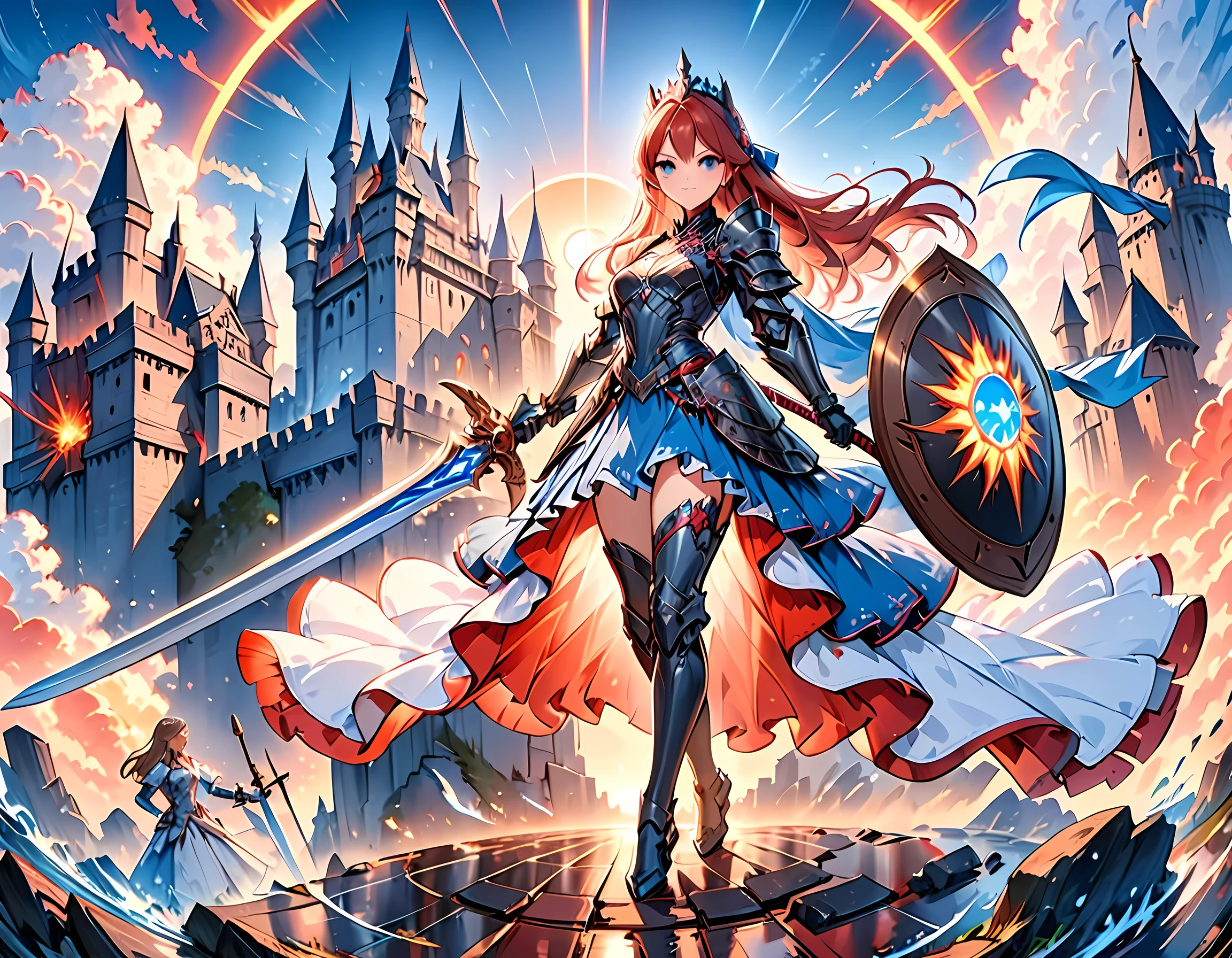 16k, ultra detailed, masterpiece, best quality, (extremely detailed), arafed, dnd art, panoramic view, full body, a single1 (Barbie: 1.5) knight standing on the all of the castle as the sun rises, she is holding sword and shield, you see only the silhouette of knight, intense eyes, ultra feminine, ultra detailed face, (Masterpiece, intense details:1.5), (anatomically correct: 1.5), determined face, sky are switching day and night, the sun is rising, suns, some stars, rays of dawn, fantasy castle background, Wide-Angle, Ultra-Wide Angle, 16k, highres, best quality, faize, Sword and shield