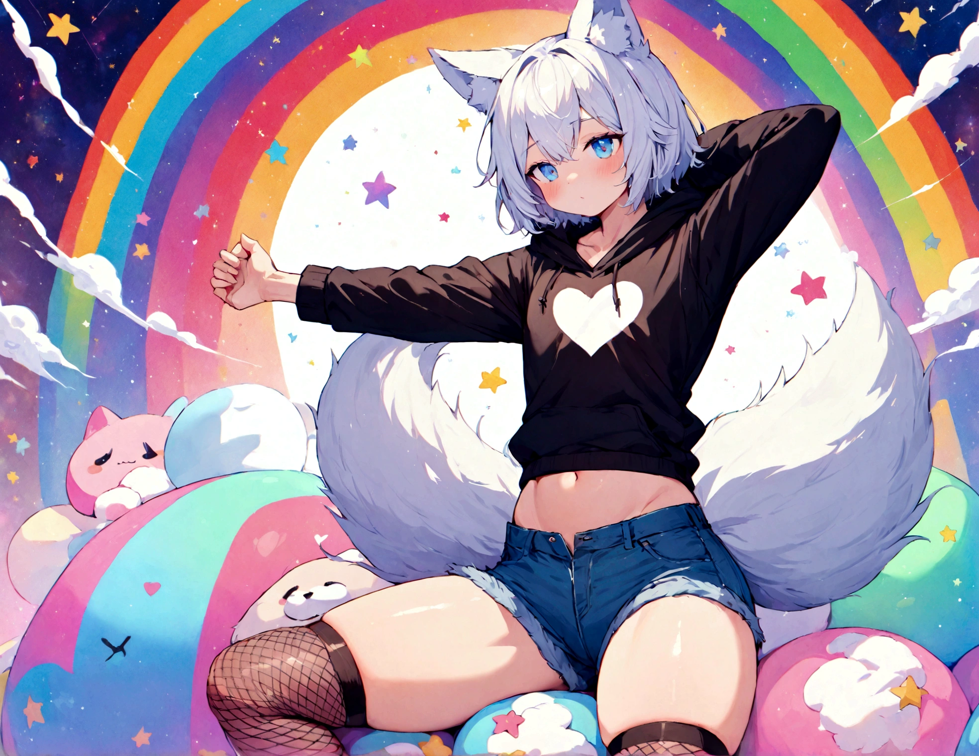 a cute adult male with wolf ears, white hair, has a wolf tail, wearing a loose cropped oversized black hoodie, wearing a pair of denim short shorts and fishnet stockings, thick thighs, wide hips, relaxing on mound of fluffy multi colored kawaii plushies, short, very slim, showing slender tummy, stretching out, heart on hoodie, squishy thighs, has glowing blue eyes. alone, solo (ALONE)(SOLO), surrounded by rainbows, colorful galaxy backround