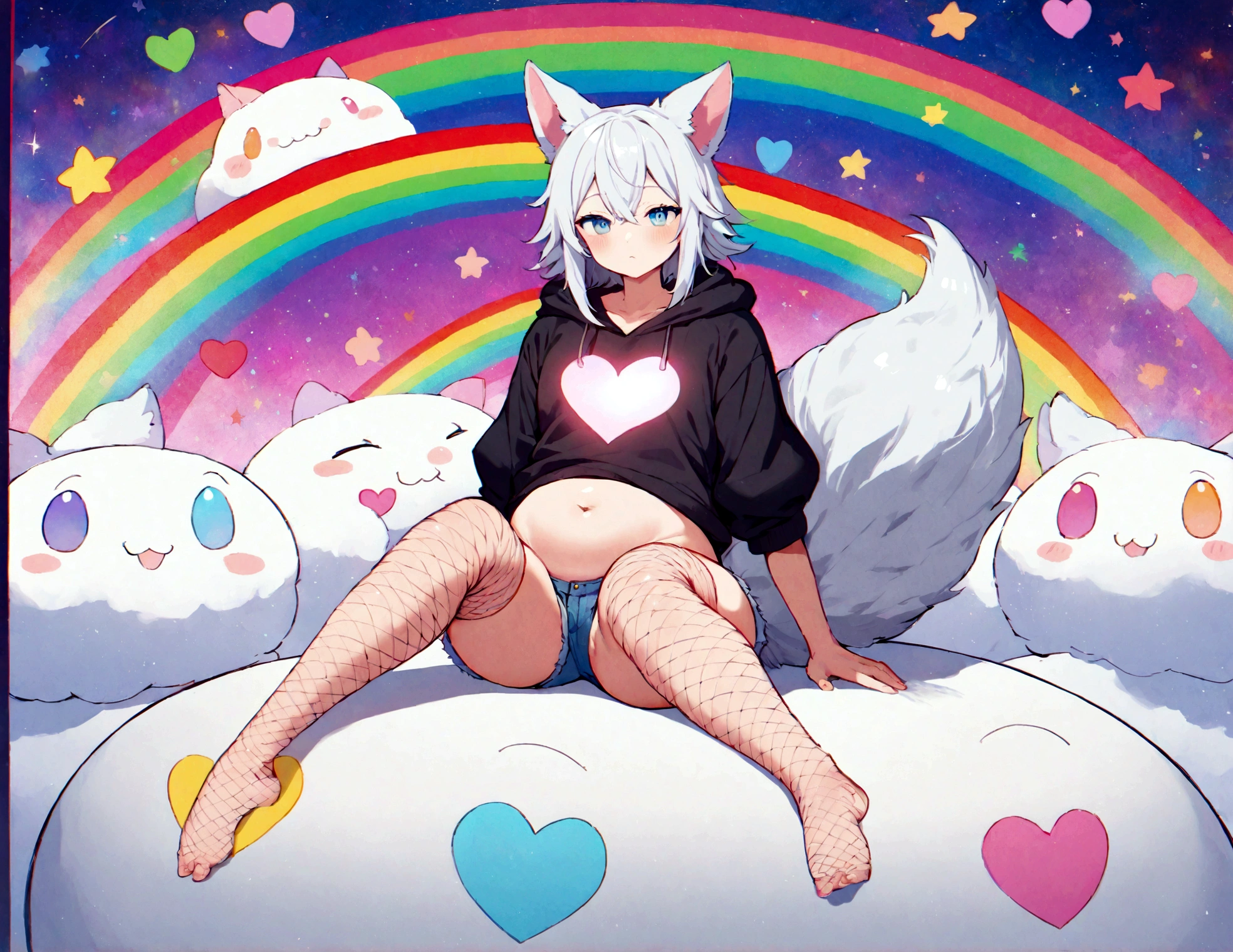a cute adult male with wolf ears, white hair, has a wolf tail, wearing a loose cropped oversized black hoodie, wearing a pair of denim short shorts and fishnet stockings, thick thighs, wide hips, relaxing on mound of fluffy multi colored kawaii plushies, short, very slim, showing slender tummy, stretching out, heart on hoodie, squishy thighs, has glowing blue eyes. alone, solo (ALONE)(SOLO), surrounded by rainbows, colorful galaxy backround