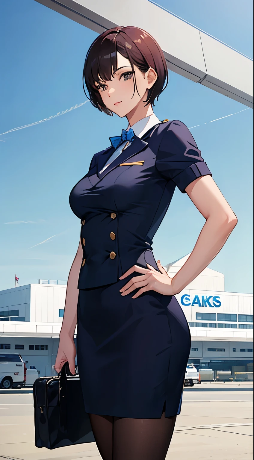 1 girl、Ichika Nakano、Dark hair short-hair、navy blue cabin attendant 校服、Planes In-flight、is standing、a smile、huge tit
