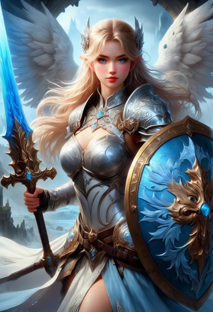 Female Warrior, Sword and shield, Art style of Huang Guangjian, alcohol ink style, oil painting style, mixed media, gorgeous female knight, blonde hair, ice blue eyes, wearing Viking helmet, (holding_enormous_intricate_embossed_heraldic_shield, shield front and center:1.8), hyperdetailed face, fantasy ancient ruins and crumbling towers background, intricately detailed cosmos skyline