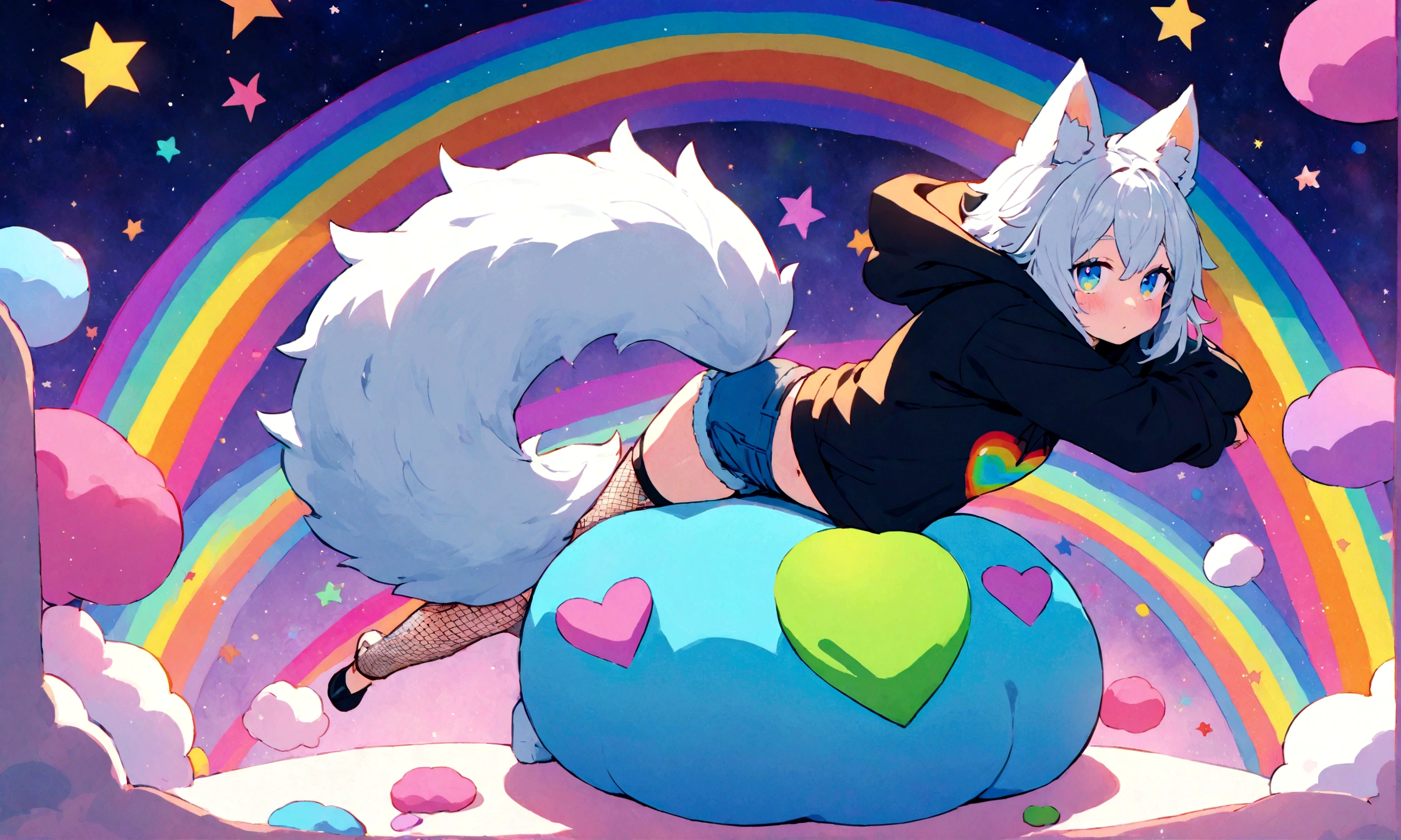 a cute adult male with wolf ears, white hair, has a wolf tail, wearing a loose cropped oversized black hoodie, wearing a pair of denim short shorts and fishnet stockings, thick thighs, wide hips, relaxing on mound of fluffy multi colored kawaii plushies, short, very slim, showing slender tummy, stretching out, heart on hoodie, squishy thighs, has glowing blue eyes. alone, solo (ALONE)(SOLO), surrounded by rainbows, colorful galaxy backround