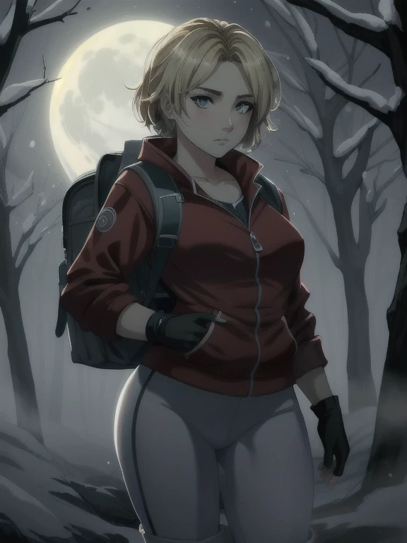 ((Best quality)), ((Masterpiece)), (detailed), (4K quality), (Detailed face:1.2), (Detailed eyes:1.2), (Perfect figure:1.2), 1girl, UDSam, solo, short hair, blonde hair, (Wearing: Red jacket, white leggings, fingerless gloves, snow boots and backpack), dark, gloomy dramatic, spooky lighting with lot of fog, foggy and snowing weather snowy, blizzard, in a forest, night time with huge white moon, upper body shot
