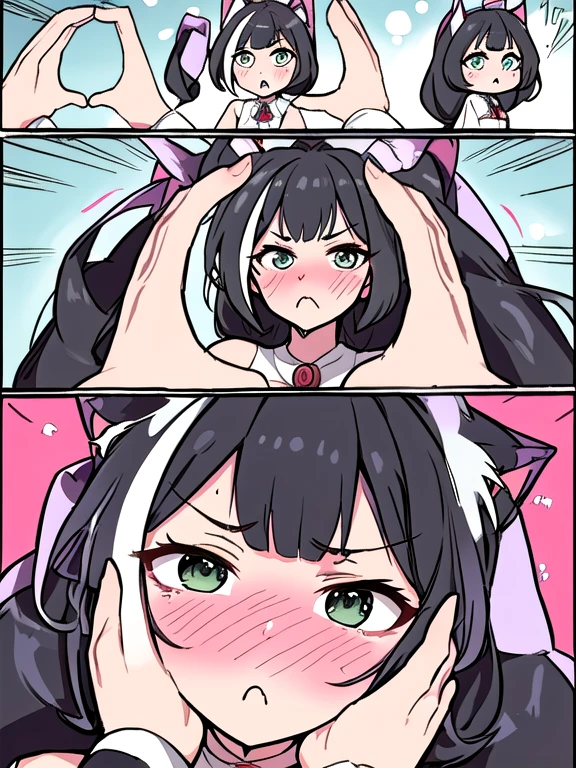 (masterpiece, highres, best quality:1.2), IncrsSnootChallenge, comic, 3koma, ADDBASE :o , karyl, low twintails, cat ears, hair bow, bangs, green eyes BREAK smiling, excited, karyl, low twintails, cat ears, hair bow, bangs, green eyes, BREAK (pov hands:1.4),(puffy cheeks, pout, pouting:1.3), (blush:1.2), mad, karyl, low twintails, cat ears, hair bow, bangs, green eyes, bare shoulders, brooch, hands on another's face