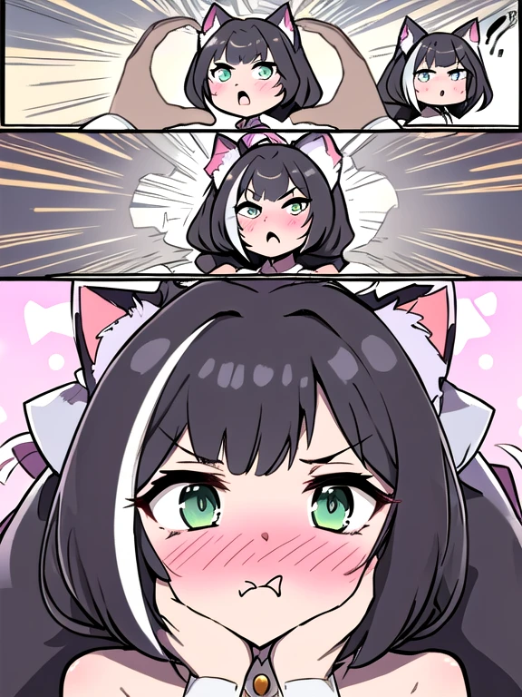 (masterpiece, highres, best quality:1.2), IncrsSnootChallenge, comic, 3koma, ADDBASE :o , karyl, low twintails, cat ears, hair bow, bangs, green eyes BREAK smiling, excited, karyl, low twintails, cat ears, hair bow, bangs, green eyes, BREAK (pov hands:1.4),(puffy cheeks, pout, pouting:1.3), (blush:1.2), mad, karyl, low twintails, cat ears, hair bow, bangs, green eyes, bare shoulders, brooch, hands on another's face