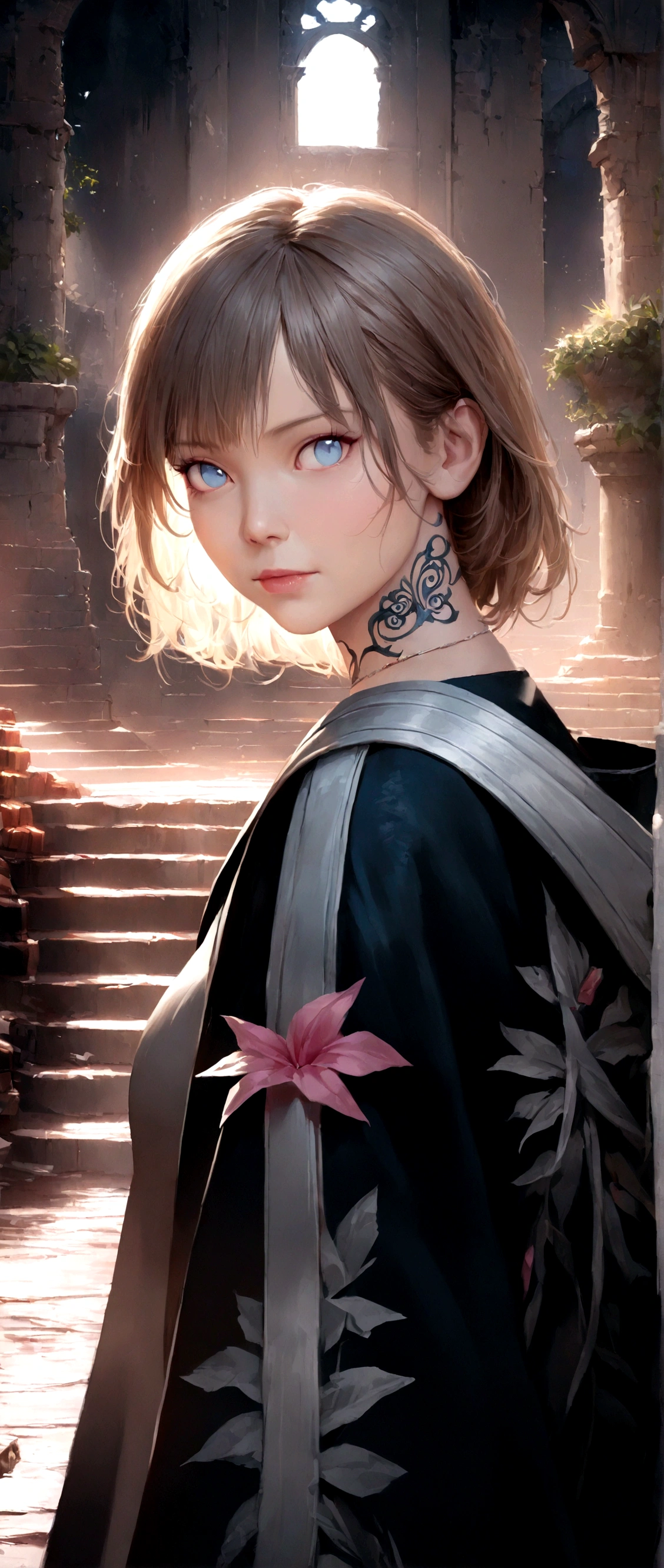 a girl with a neck tattoo, sitting on a throne of ruined stones, different poses, (best quality,4k,8k,highres,masterpiece:1.2),ultra-detailed,(realistic,photorealistic,photo-realistic:1.37),highly detailed, cinematic lighting, dramatic atmosphere, ornate throne, overgrown ruins, lush environment, volumetric lighting, dramatic shadows, intricate details, fantasy art, digital painting