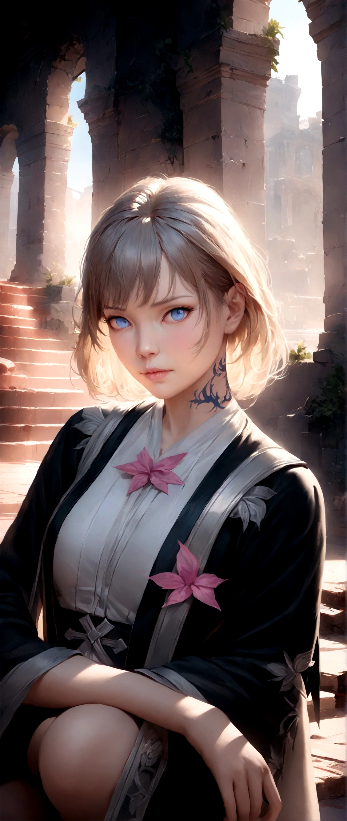 a girl with a neck tattoo, sitting on a throne of ruined stones, different poses, (best quality,4k,8k,highres,masterpiece:1.2),ultra-detailed,(realistic,photorealistic,photo-realistic:1.37),highly detailed, cinematic lighting, dramatic atmosphere, ornate throne, overgrown ruins, lush environment, volumetric lighting, dramatic shadows, intricate details, fantasy art, digital painting