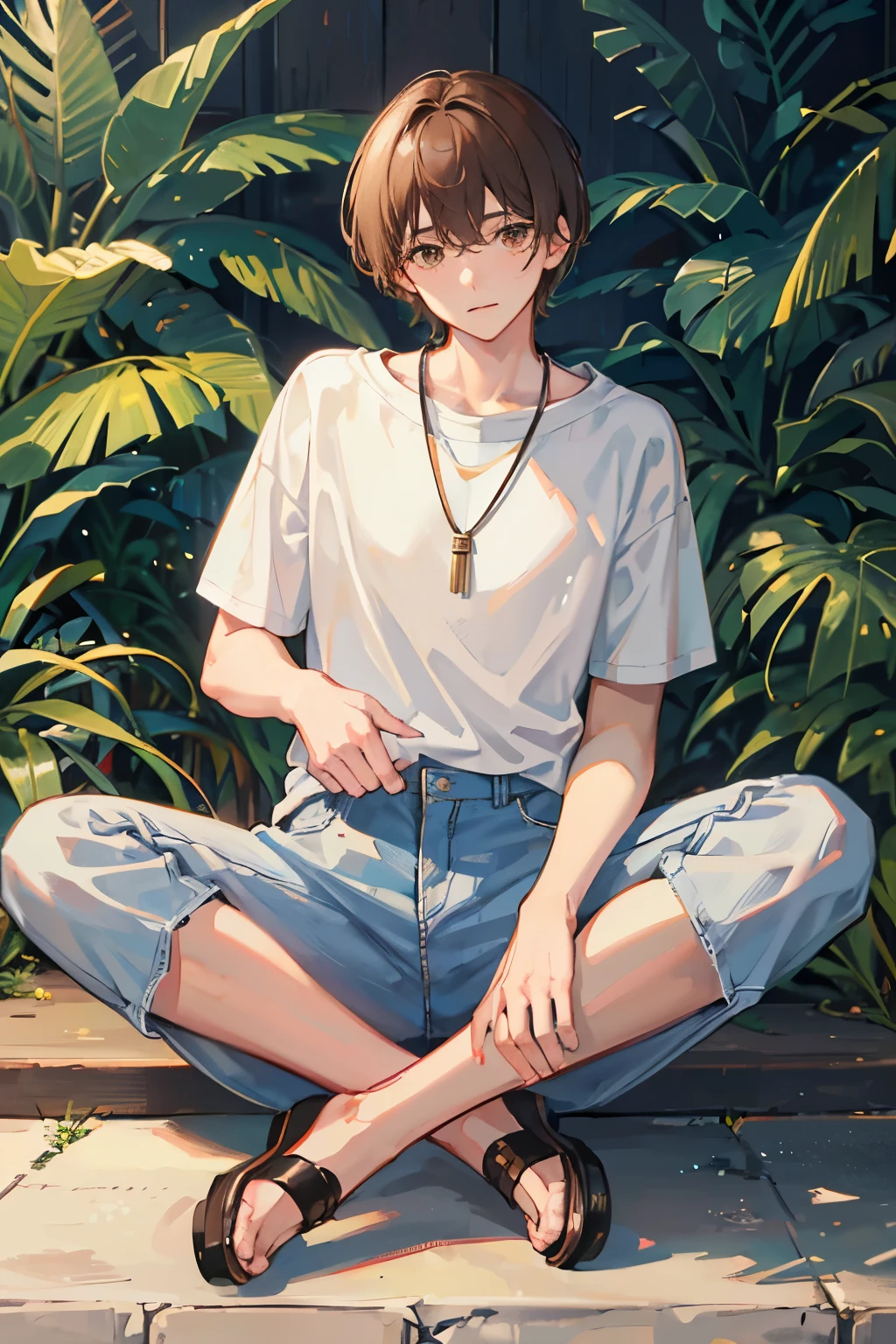 a young man, scattered straight light brown hair, brown eyes, Short sleeve white T,Denim trousers、necklace、 blue shorts, black shoes, looking at the camera with a serious look