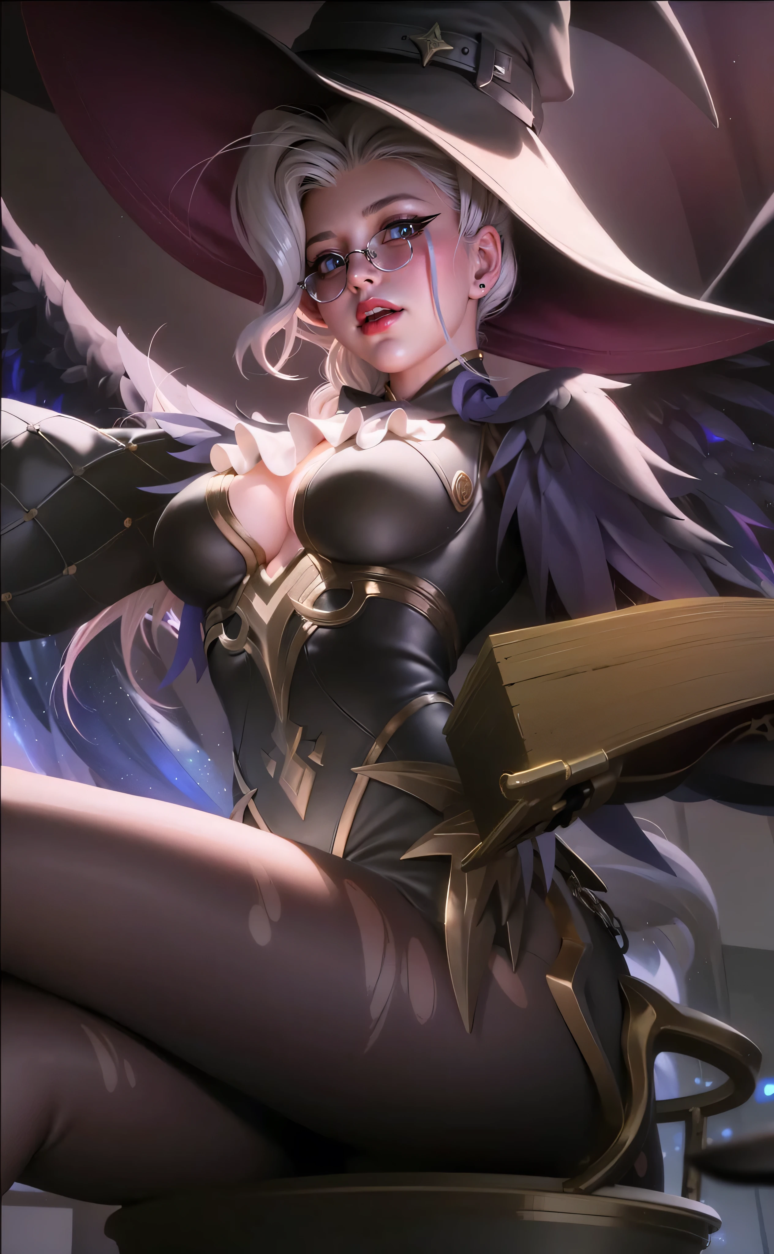 Realistic 3D style, beautiful girl, cool girl, (detailed hat 8k) (detailed face 8k) (detailed hair 8k) (detailed clothes 8k) do not change glasses, red lips, purple cloak, grey hair, 8K, HDR sharpen.