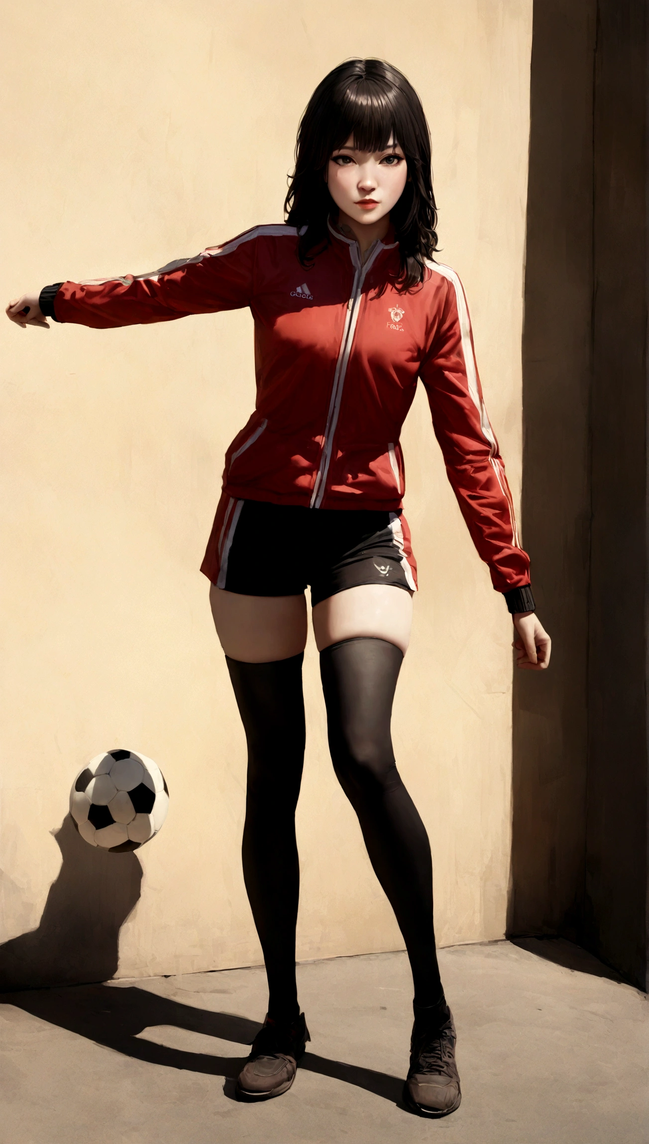 masterpiece, best quality, full body, ayuhara natsu, standing girl, short hair, red jacket, short shorts, glamour, beauty face, bandages, knee pads, sneakers, volleyball