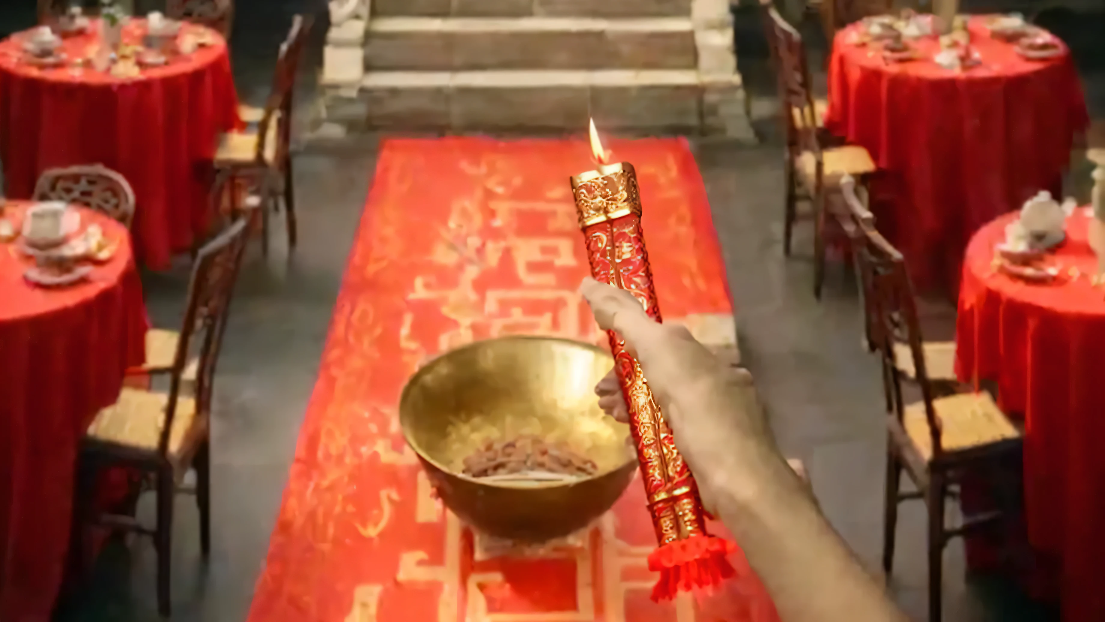 someone is holding a stick in their hand near a bowl of food, incense, holy flame spell, in a temple, traditional chinese, casting a flame spell, taoist priest, holy ceremony, casting a protection spell, chinese temple, inspired by Gong Xian, vietnamese temple scene, 1 9 century, 19 century, holding a magic staff, ceremonial ritual, spell casting