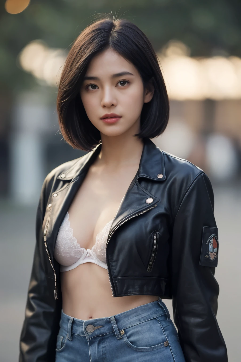 (colored picture), Photo realistic of beautiful asian、slender abs, (Dark brown bob haircut), medium breast, round shape breast, perfect shape breast,((dark black fabric bra )),((wearing biker jacket and biker suits, deep neck line, police badge)), ((wear jeans)), As she confidently posing for camera, , the background is a blur of motion and ((bokeh)), with light streaming from right to left. a sense of connection to the viewer, full body, raining