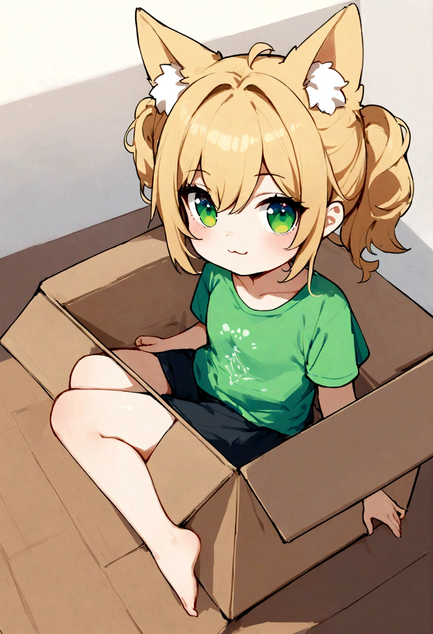 best quality, masterpiece, uncensored, source_anime The Apothecary diaries, maomao, xiaomao, solo, solo, text on shirt, sitting, topwear, looking at viewer, shirt, teal eyes, barefoot, inside the box, cardboard box, inner ear fluff, clothed, green eyes, :3, chibi