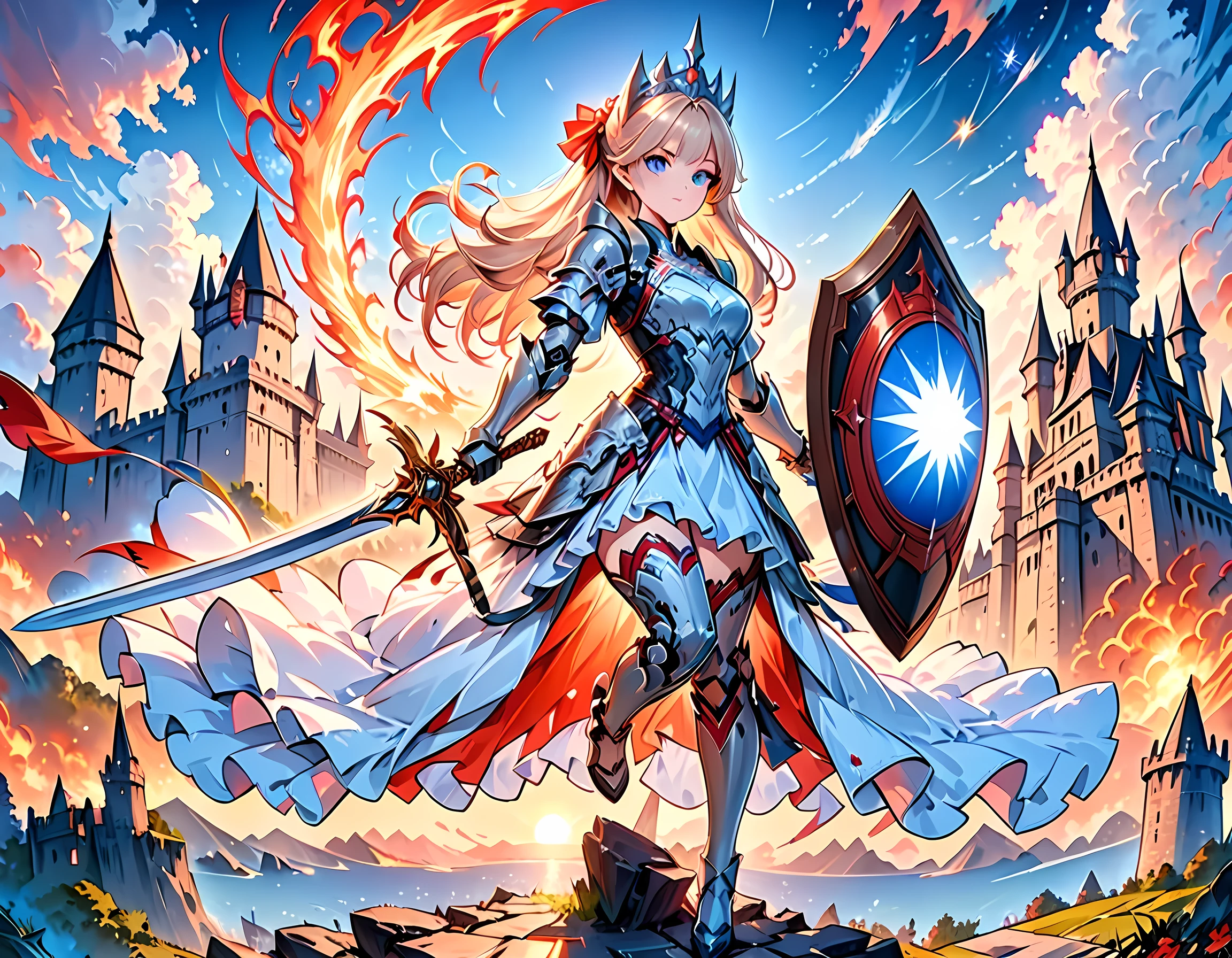 16k, ultra detailed, masterpiece, best quality, (extremely detailed), arafed, dnd art, panoramic view, full body, a single1 (Barbie: 1.5) knight standing on the all of the castle as the sun rises, she is holding sword and shield, you see only the silhouette of knight, intense eyes, ultra feminine, ultra detailed face, (Masterpiece, intense details:1.5), (anatomically correct: 1.5), determined face, sky are switching day and night, the sun is rising, suns, some stars, rays of dawn, fantasy castle background, Wide-Angle, Ultra-Wide Angle, 16k, highres, best quality, faize, Sword and shield